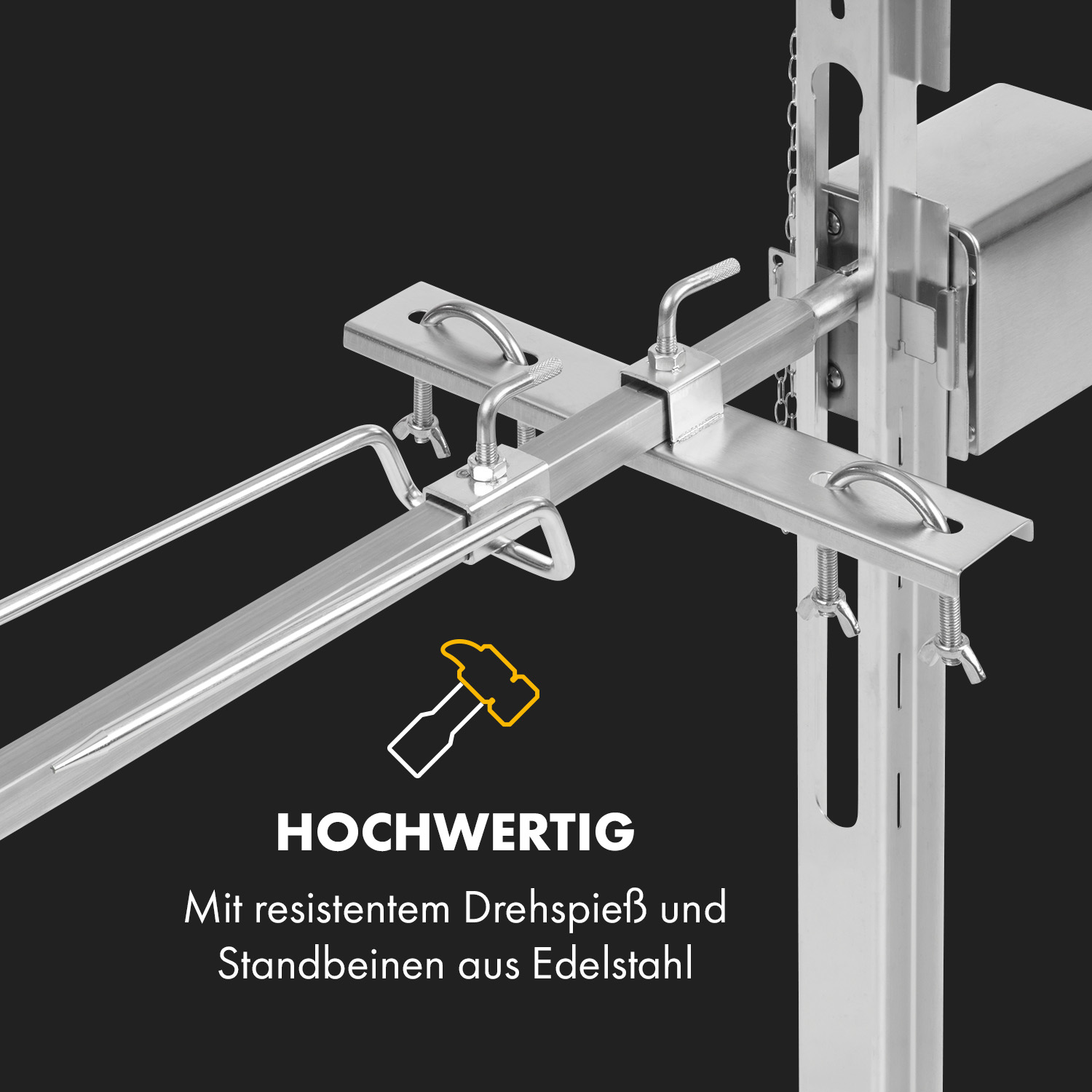 Metall-Drehspießrahmen mit Text und Hammer-Symbol, zeigt seine hohe Qualität.
