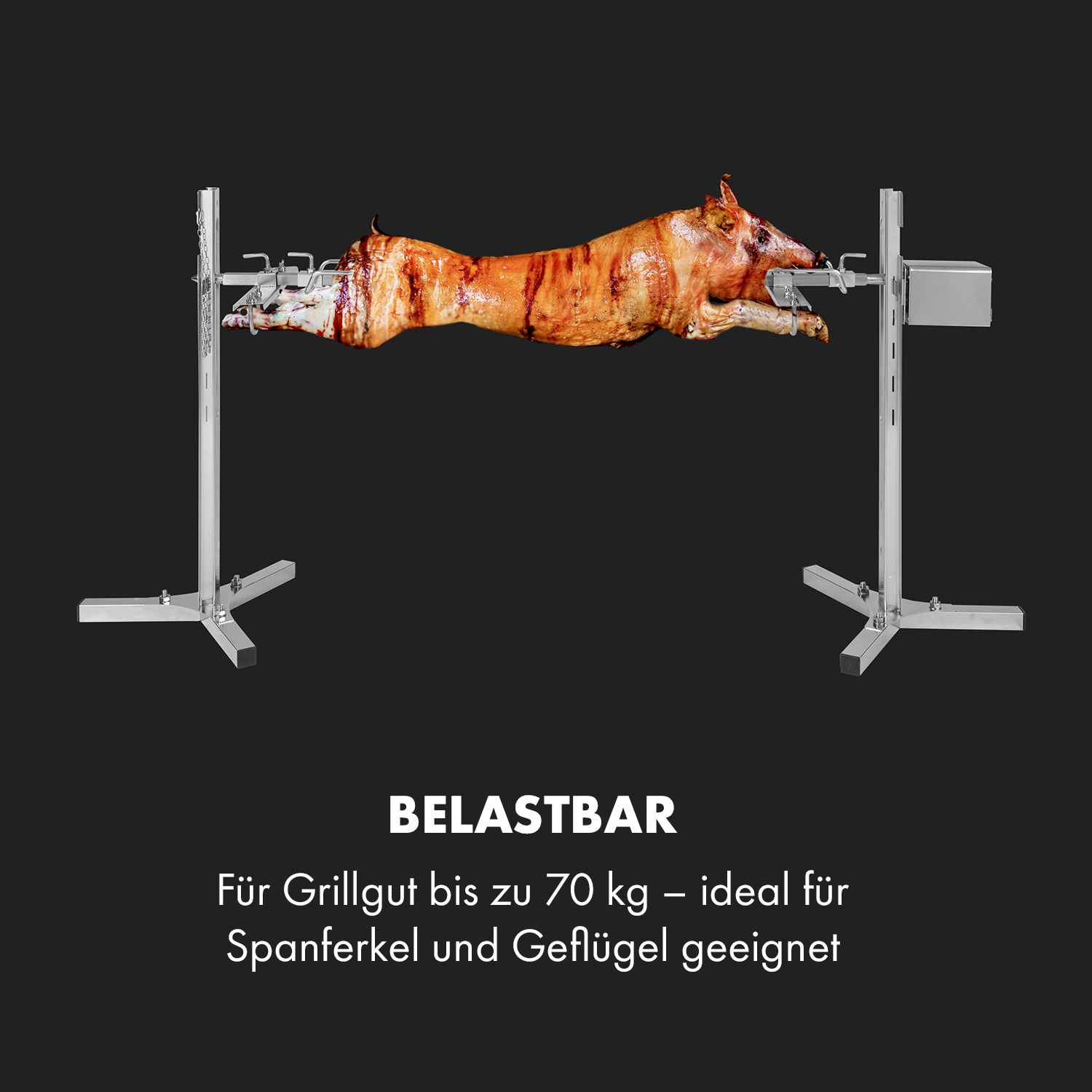 Ein gebratenes Schwein am Spieß, gehalten von einem Metallrahmen. Dunkler Hintergrund mit Text.