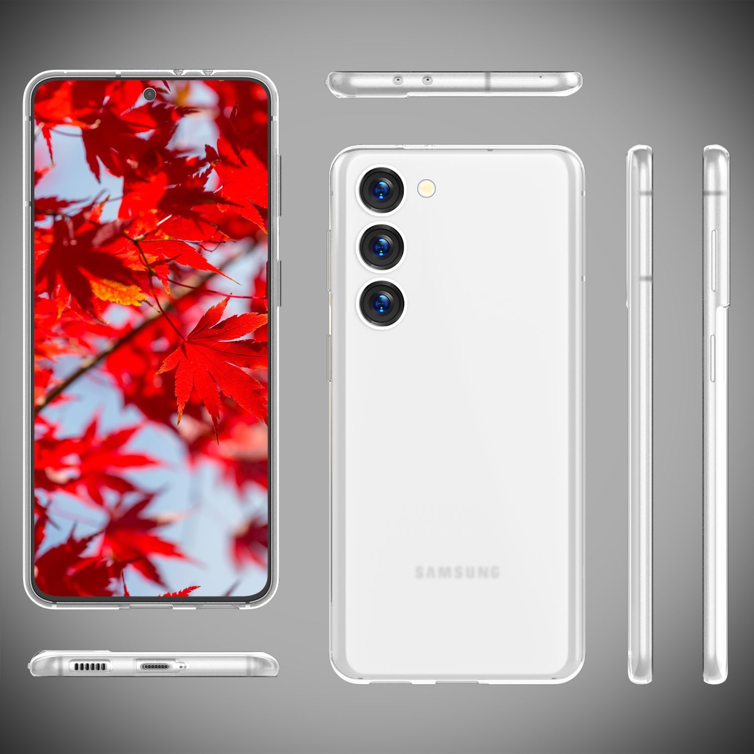 Weißes Smartphone mit transparentem Gehäuse, mehrere Ansichten. Rote Herbstblätter im Display.