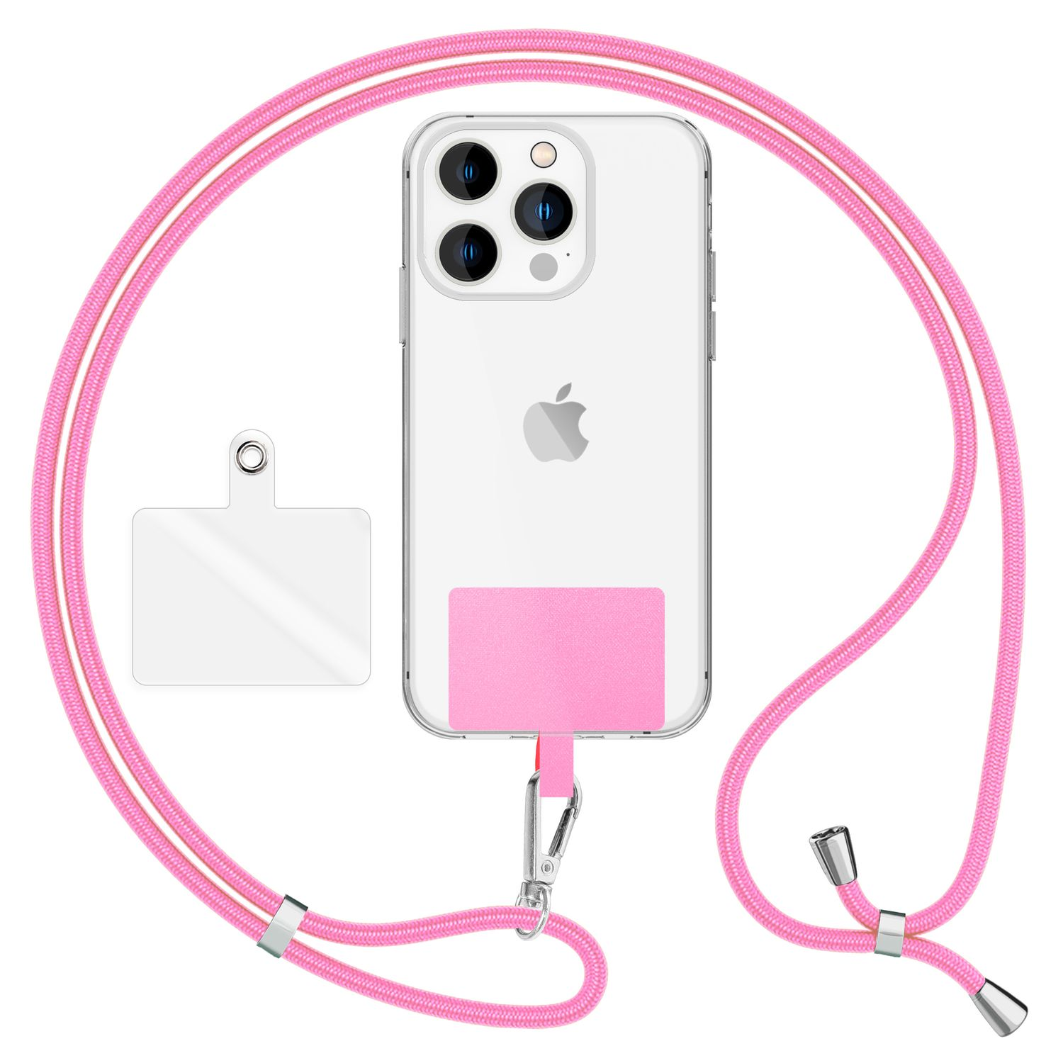 Funda transparente con cordón rosa. El teléfono tiene tres cámaras y el logo de Apple.