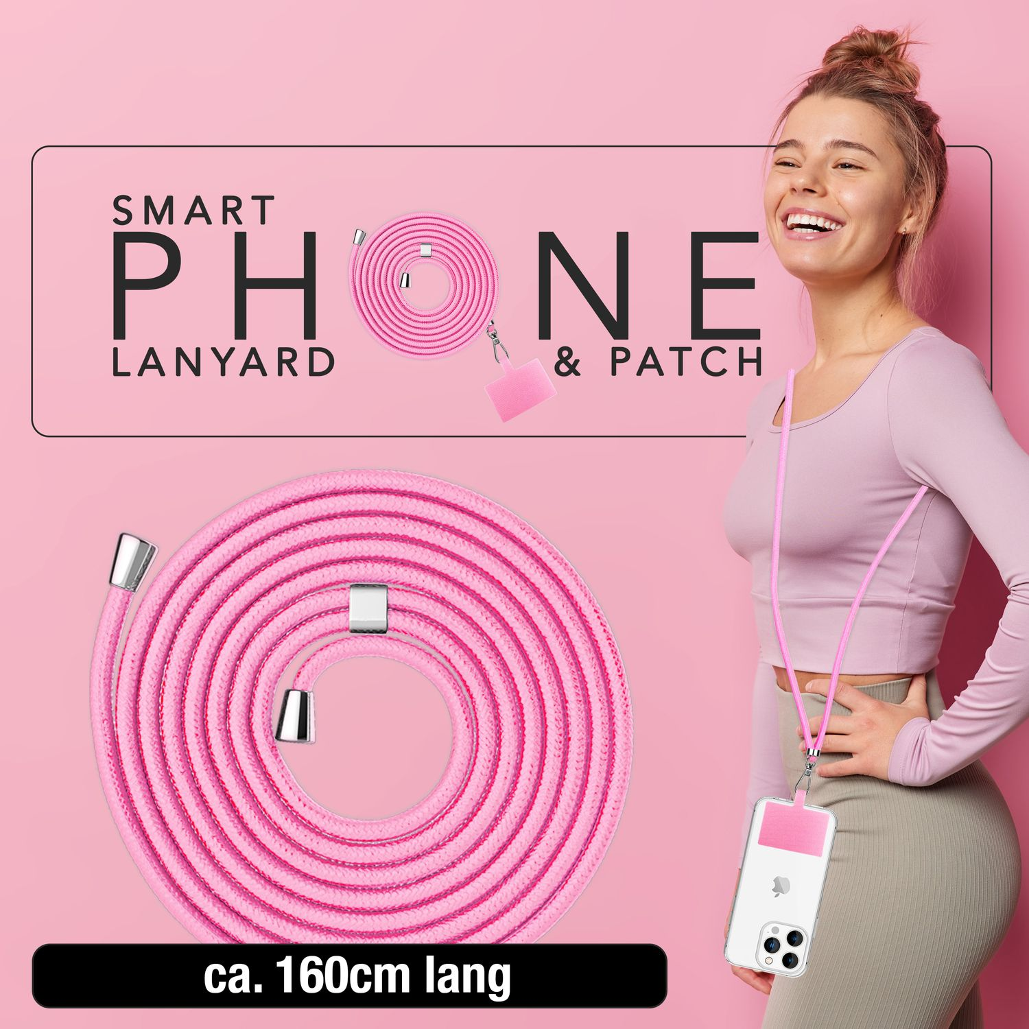 Una mujer usa un cordón para teléfono rosa. El cordón está alrededor de su cuello, sosteniendo un teléfono.