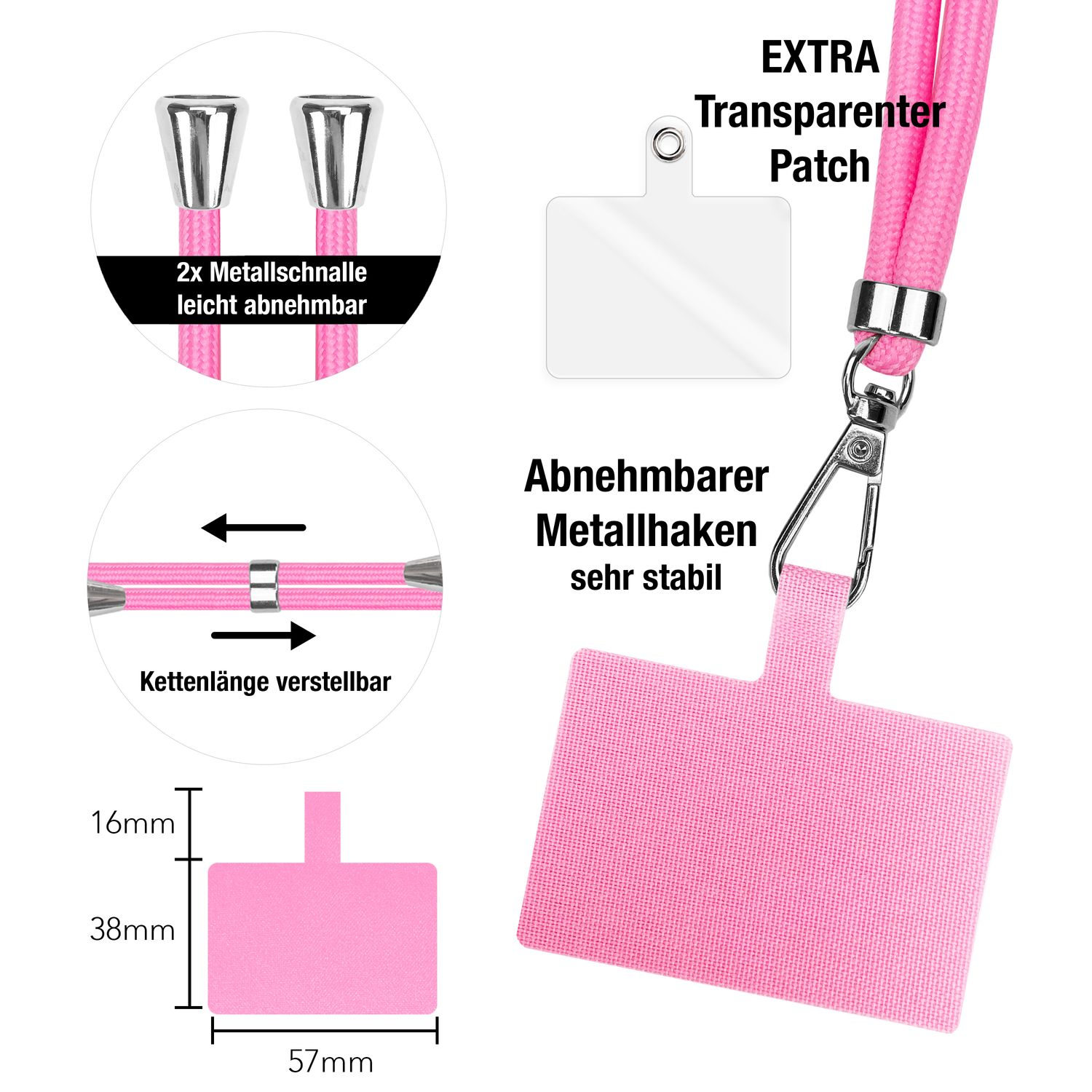 Correa de teléfono rosa con 2 clips metálicos. Longitud ajustable y parche transparente.