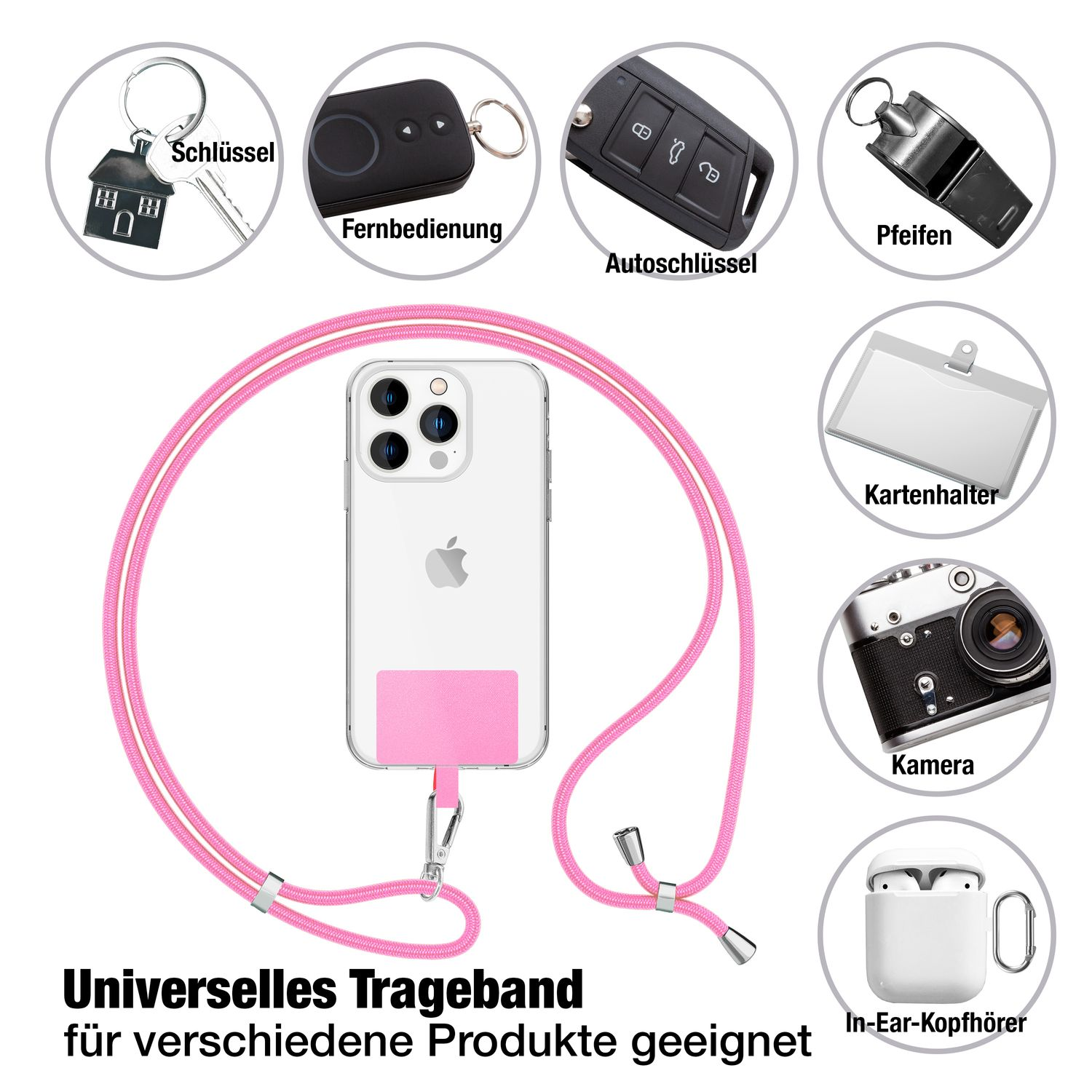 Varios elementos conectados a un cordón de teléfono rosa. Incluye llaves, controles remotos y una funda para teléfono.
