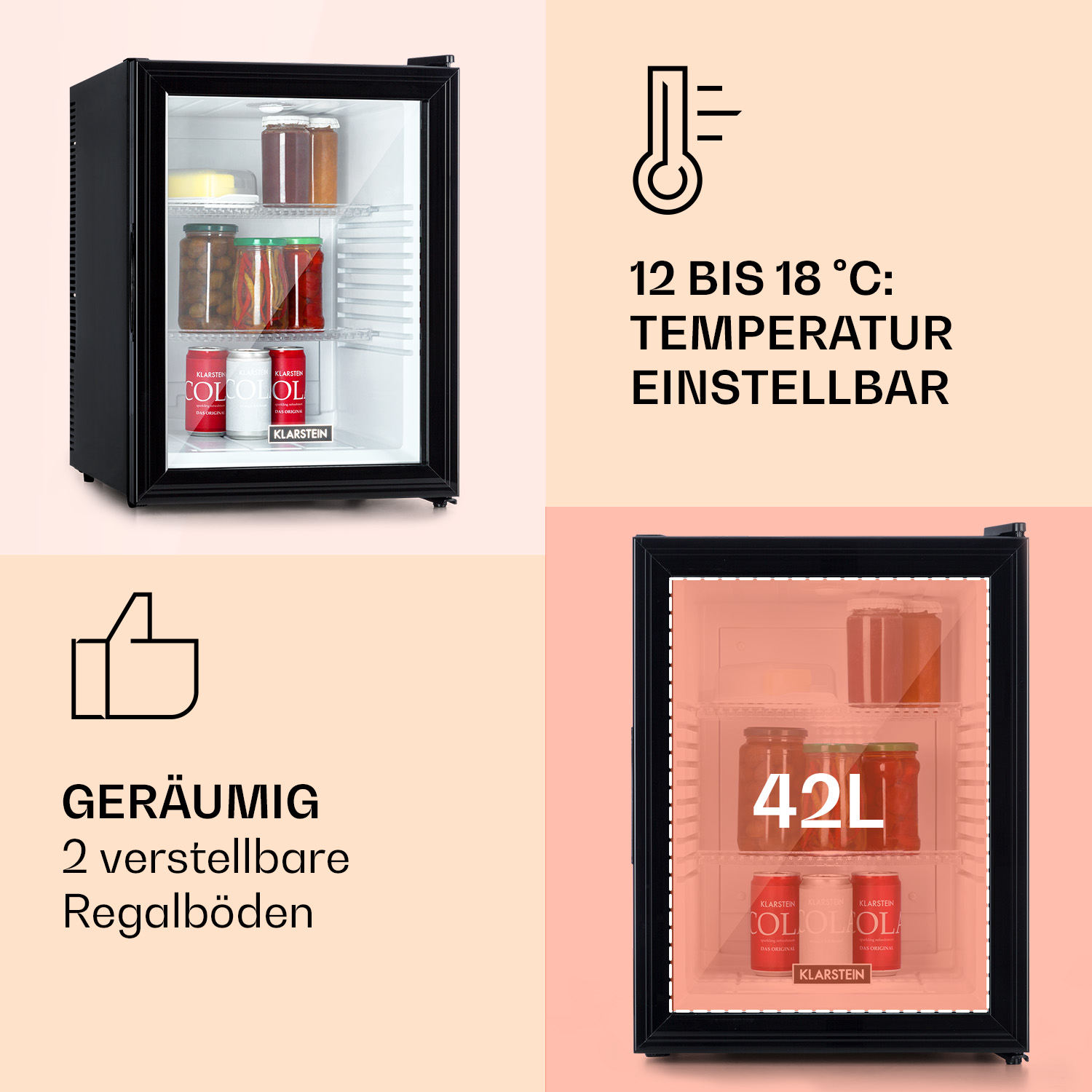 Ein kleiner schwarzer Kühlschrank mit Glastür, zeigt Regale mit Gläsern und Dosen.