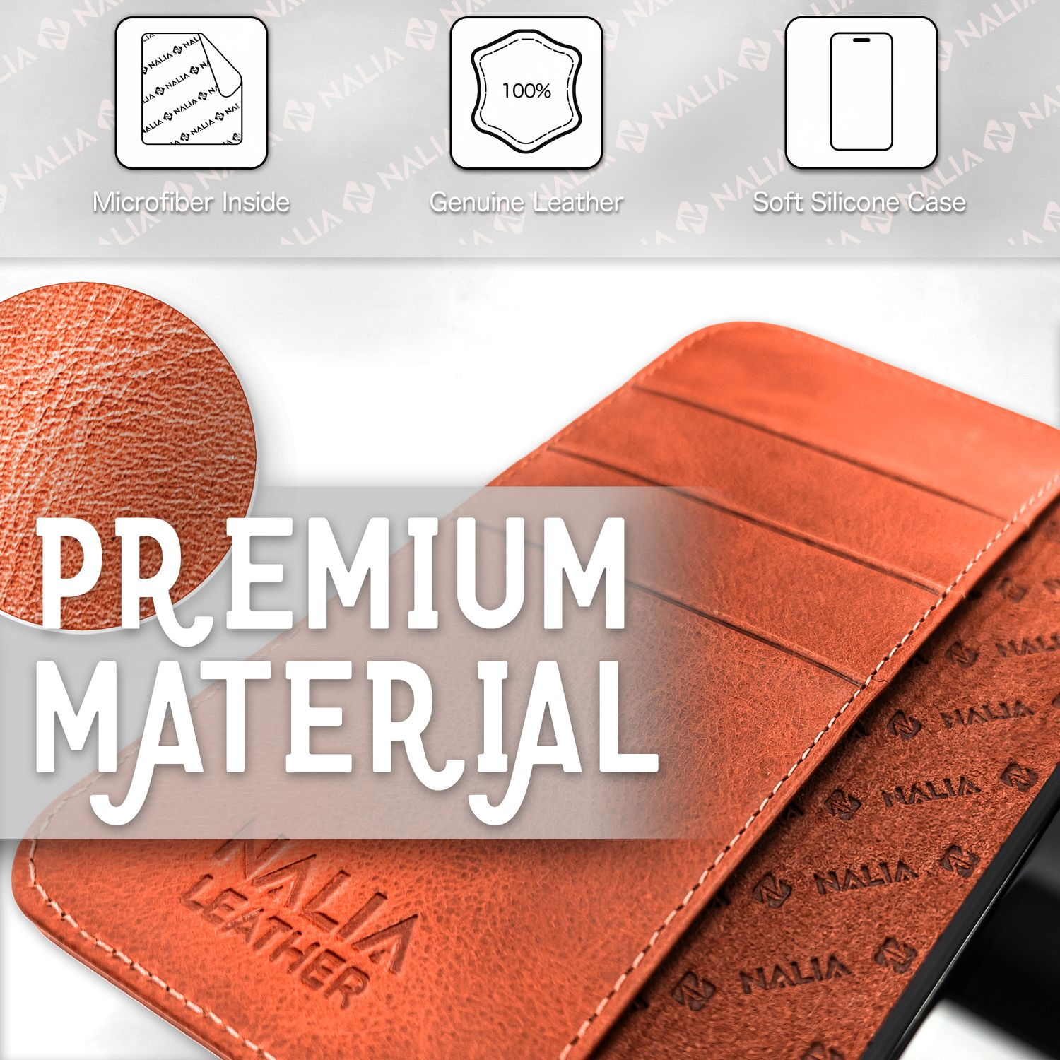 Nahaufnahme einer Handyhülle. Sie ist orange, hat eine lederartige Textur und ein Nalia-Logo.