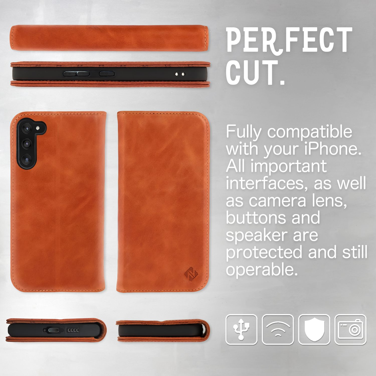 Braune Leder-Handyhülle, offen, mit Telefon. Texte sagen 'Perfect Cut'.