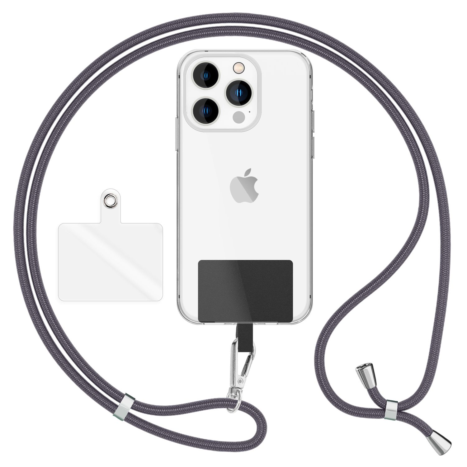 Funda transparente para teléfono con un cordón gris. El teléfono tiene un rectángulo negro en la parte posterior.