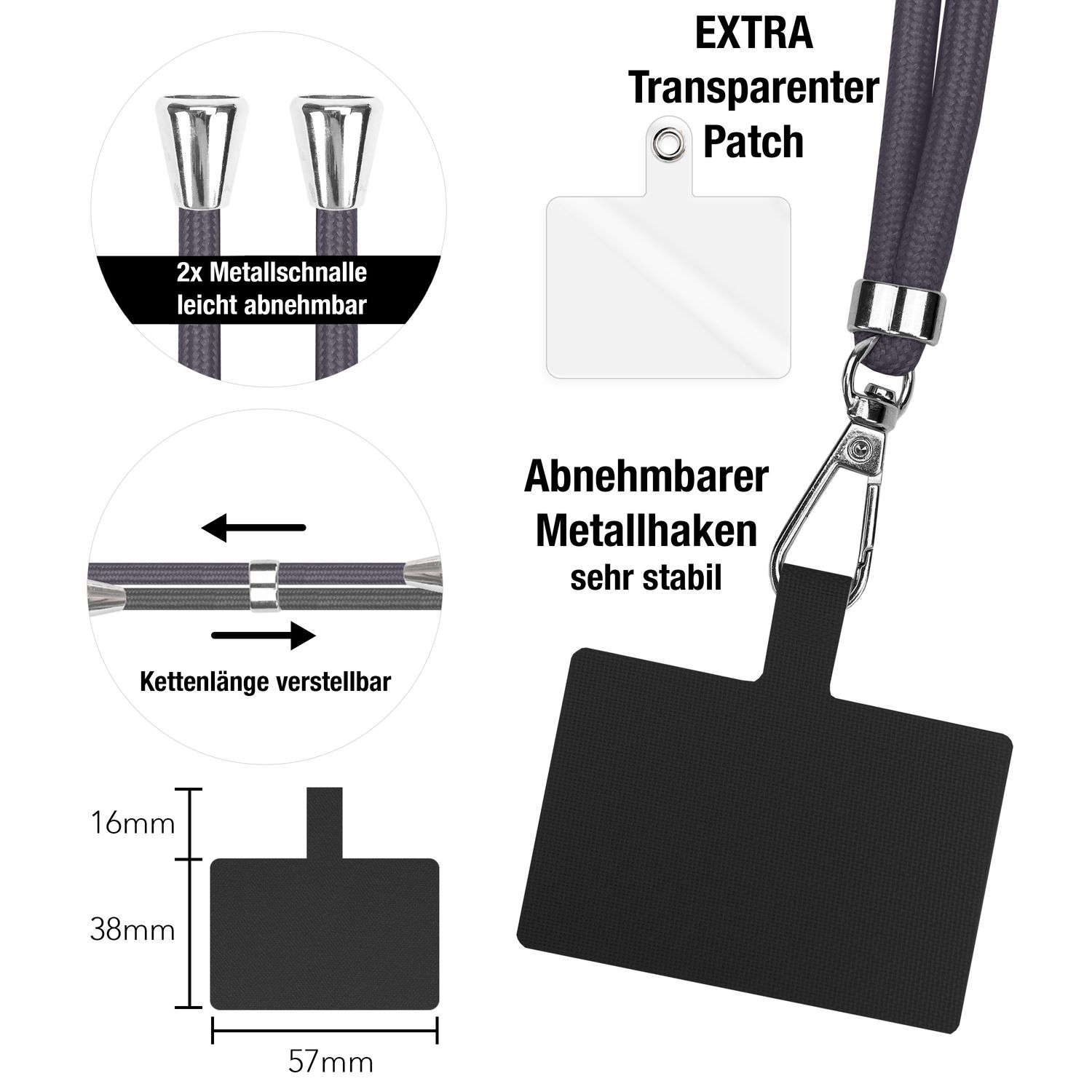 Accesorios de cordón para teléfono en primer plano. Tiene un color negro y plateado.