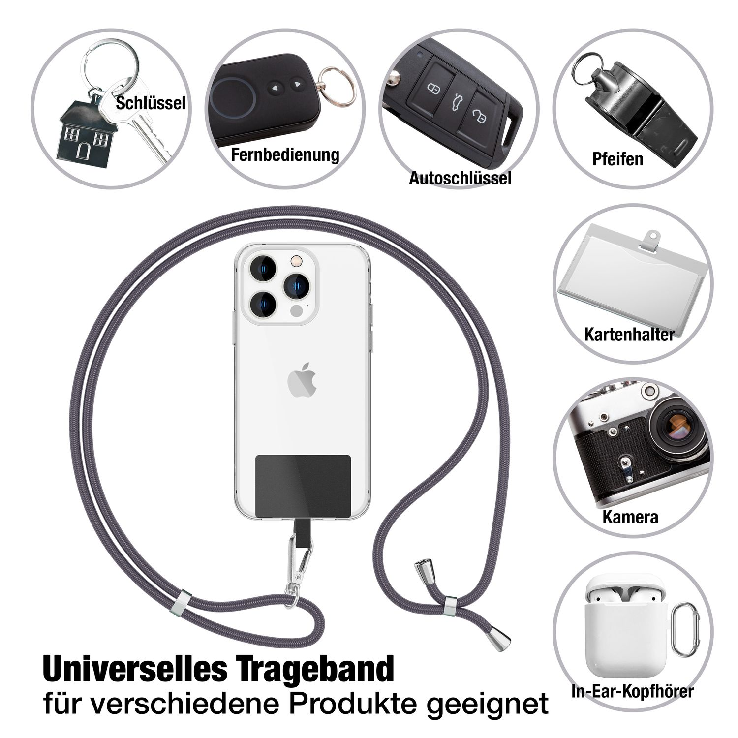 Un teléfono con cordón, llaves, llaves del coche, silbato, porta-identificación, cámara y auriculares.