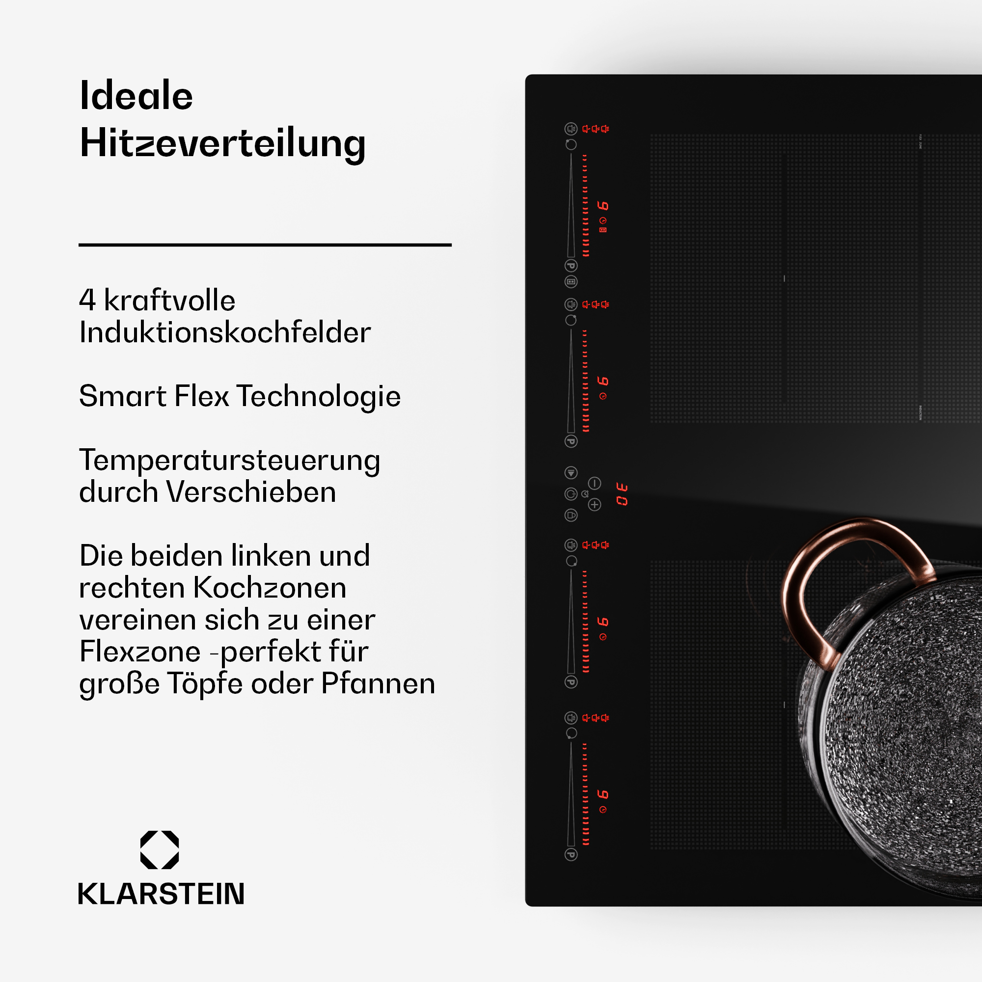 Placa de inducción negra. La placa tiene cuatro zonas de cocción. Texto: Ideale Hitzeverteilung.
