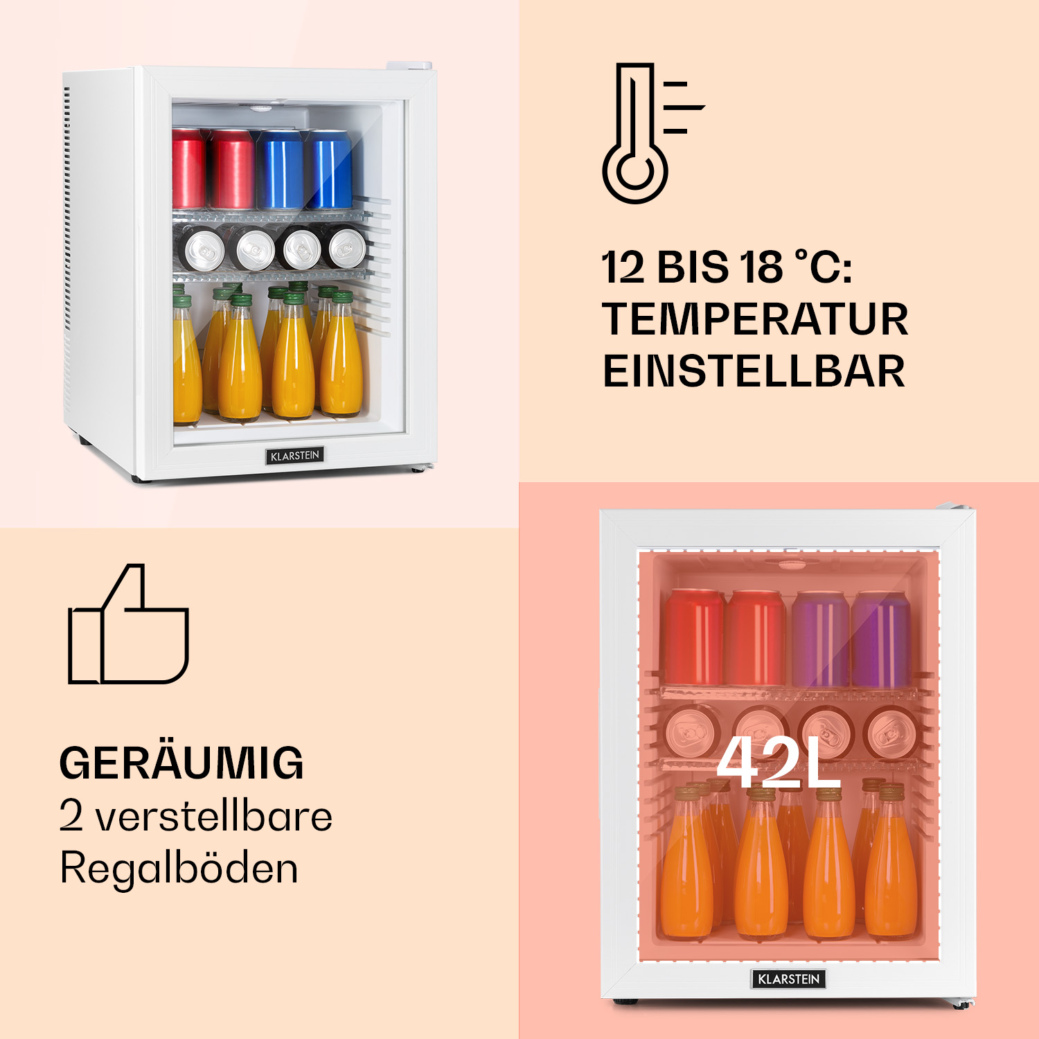 Mini-nevera blanca. Dentro, botellas de zumo y latas. Texto: Temperatur einstellbar.