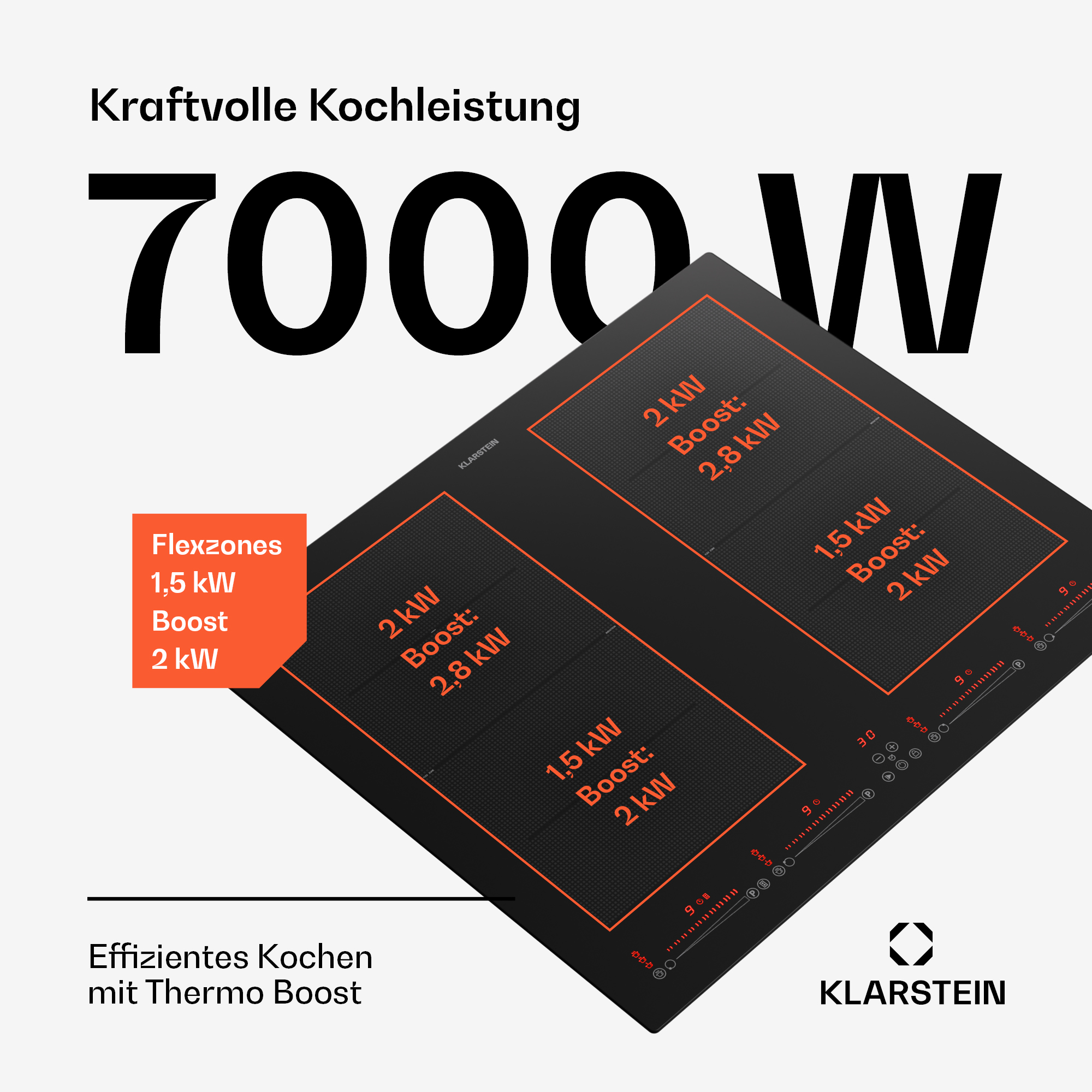Placa de inducción negra con zonas de cocción. Texto: Kraftvolle Kochleistung 7000 W. Flexzones.
