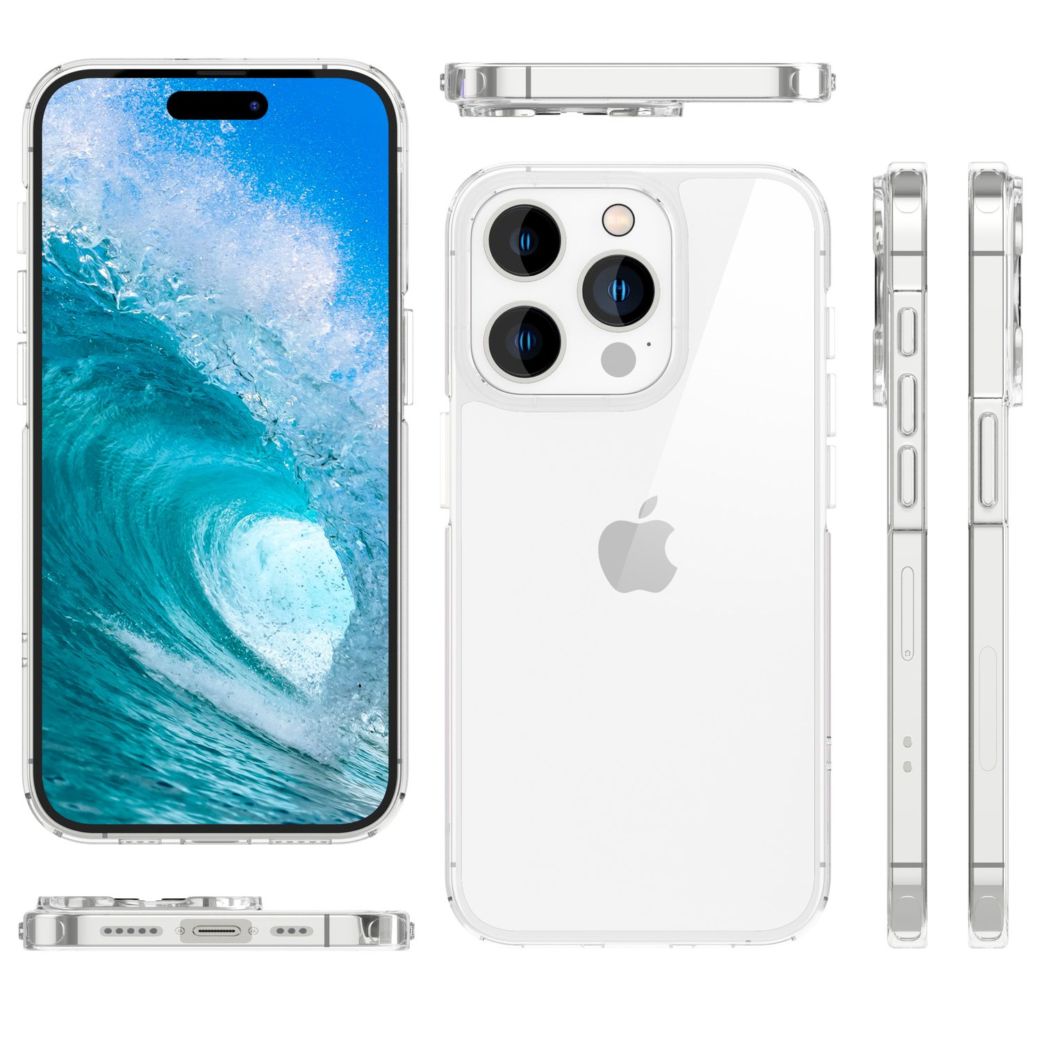Transparente Handyhülle mit einem Telefon, das ein Wellenbild anzeigt.