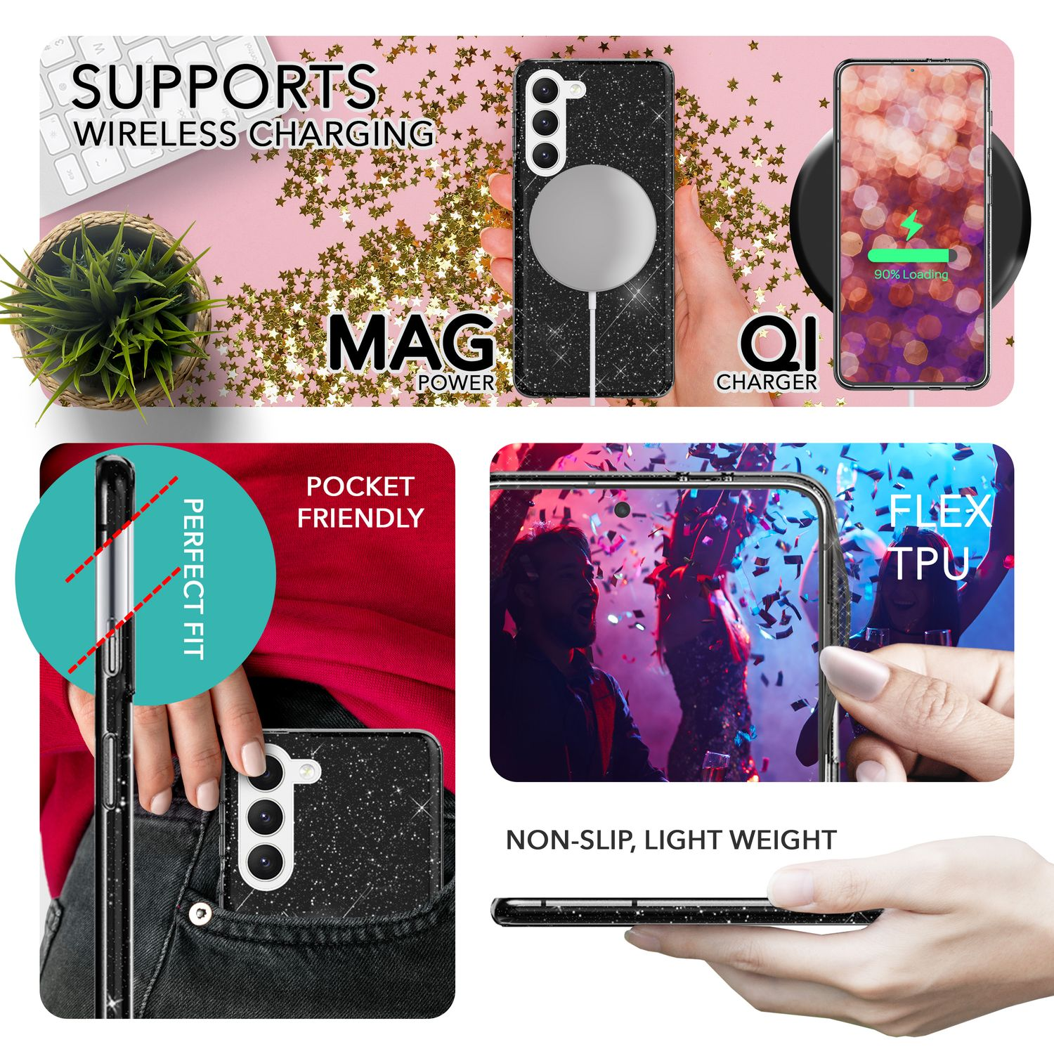 Collage einer Handyhülle. Zu den Merkmalen gehören kabelloses Laden, Mag-Power, Taschenfreundlichkeit und Flex-TPU.