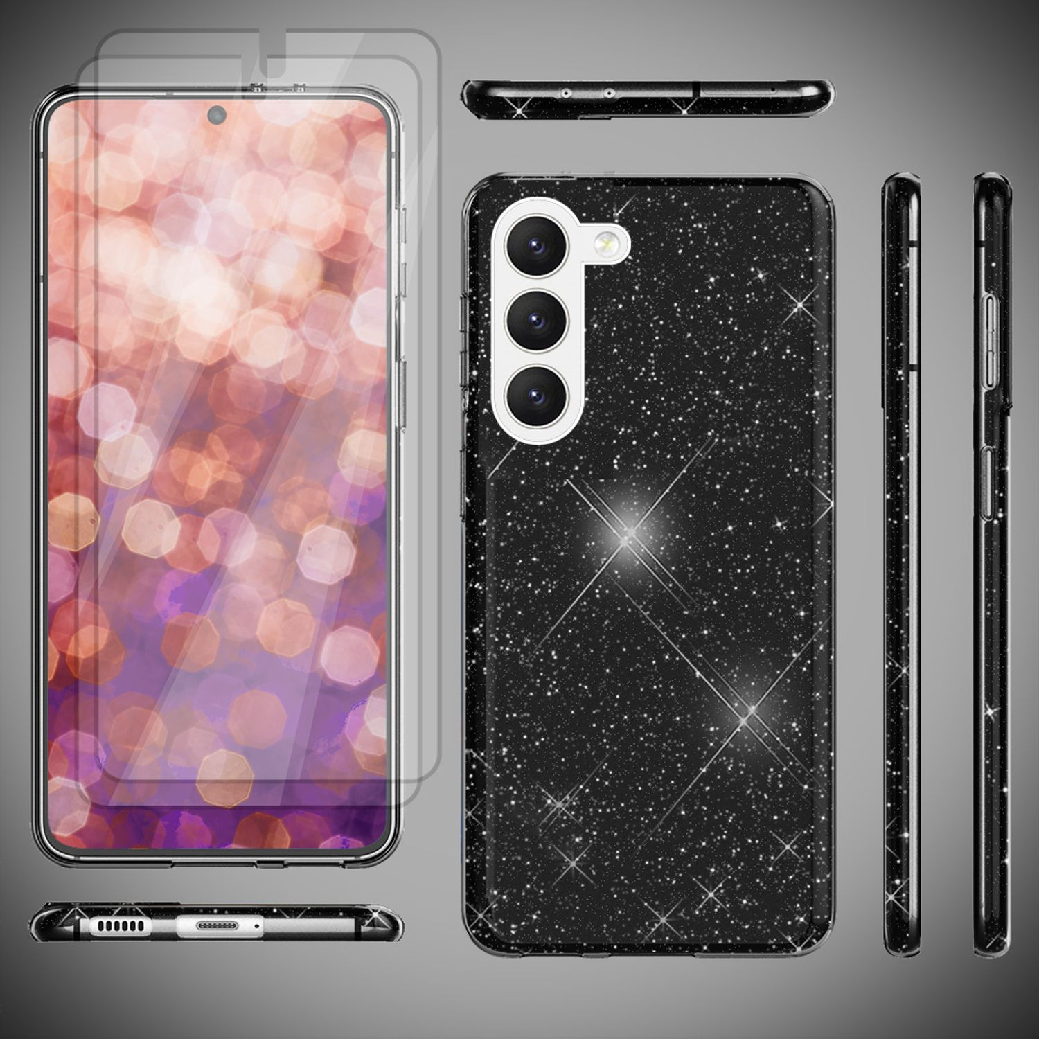 Handyhülle mit einem glitzernden schwarzen Design. Mehrere Ansichten, einschließlich eines Displayschutzes.