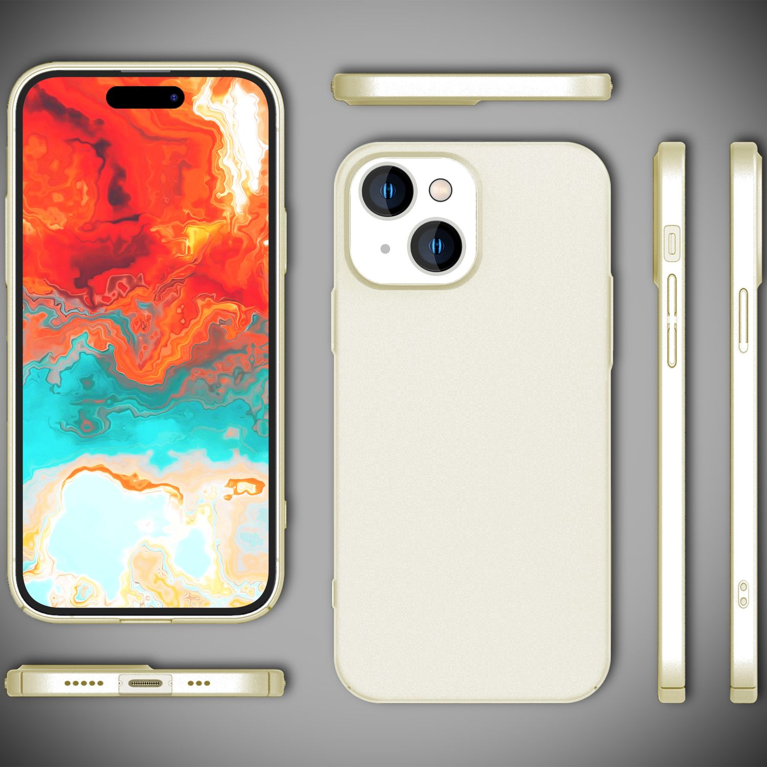 Custodia per telefono con iPhone, mostra i dettagli. Diverse viste della custodia.
