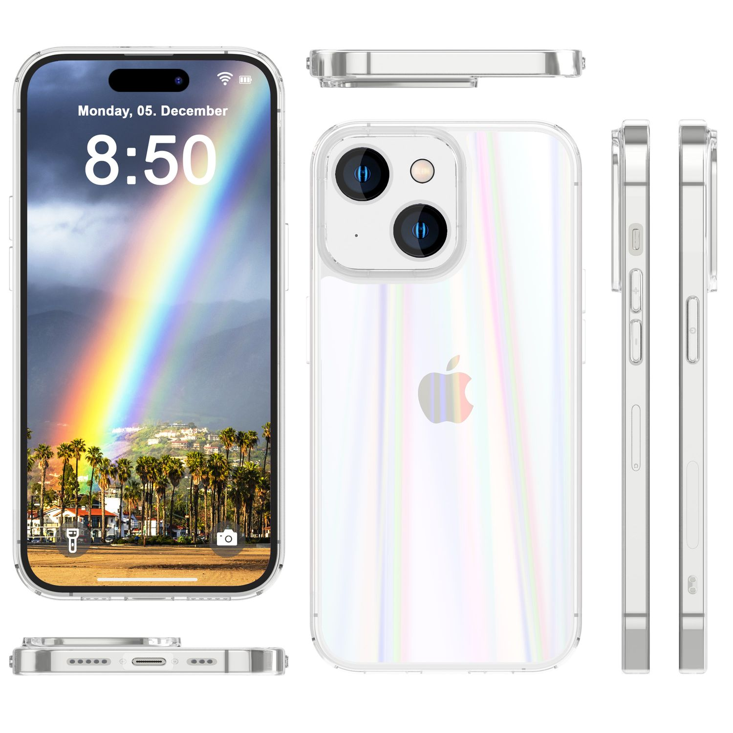 Telefon in klarer Hülle, zeigt Bildschirm mit Regenbogen und Palmen. Mehrere Ansichten.