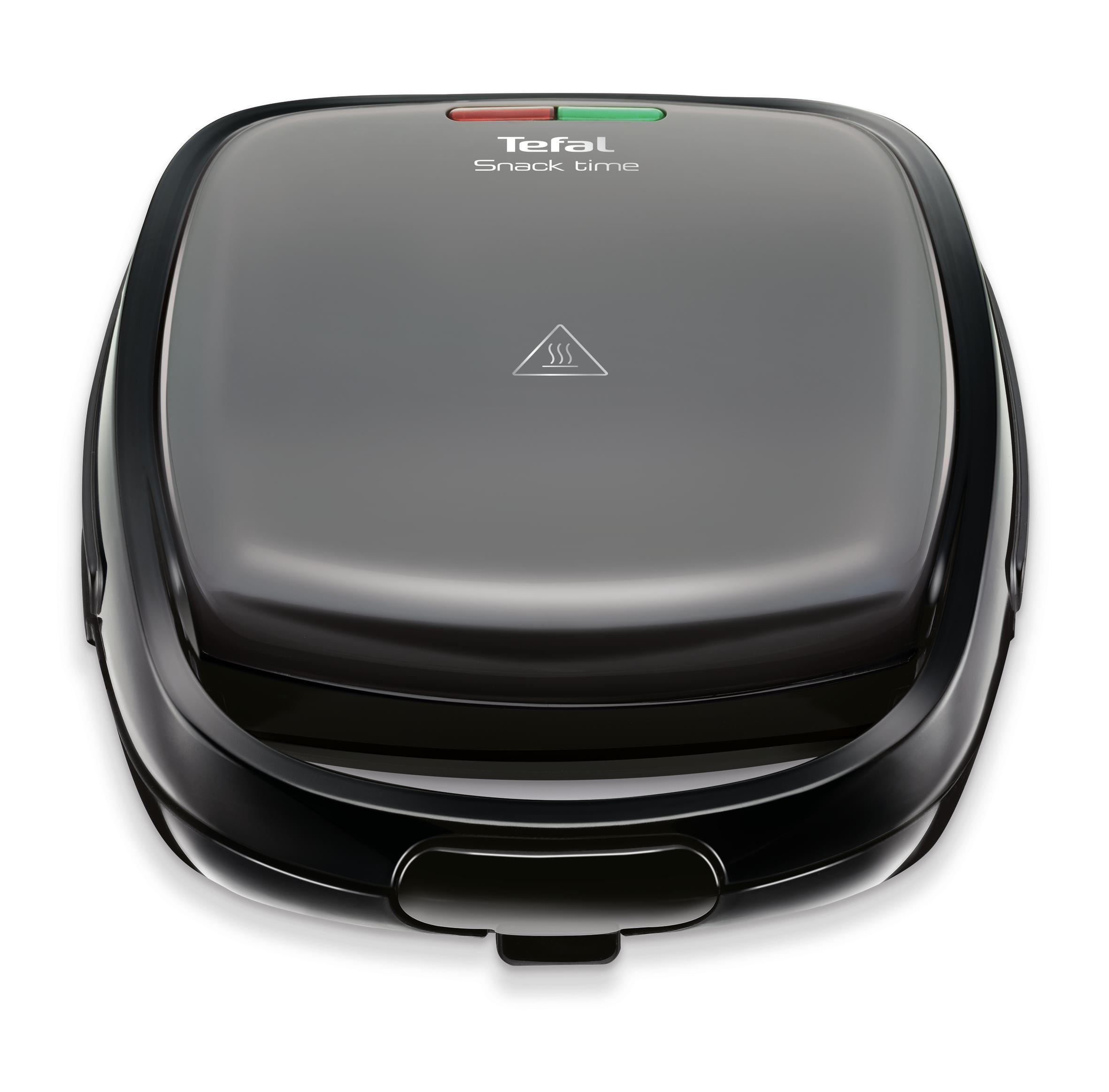 Black Tefal snack maker, closed. Heat symbol and indicator lights on top.