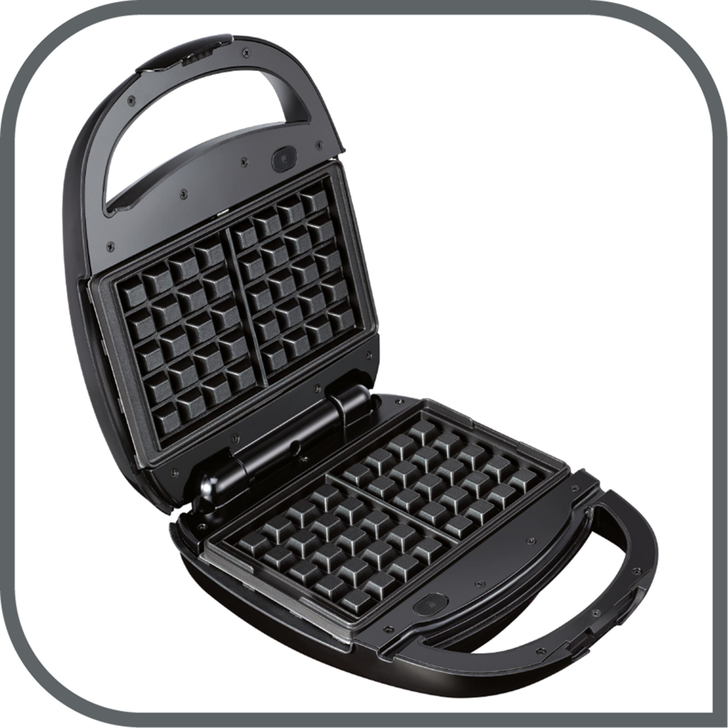 Black waffle maker, open, showing the waffle grids. White background.