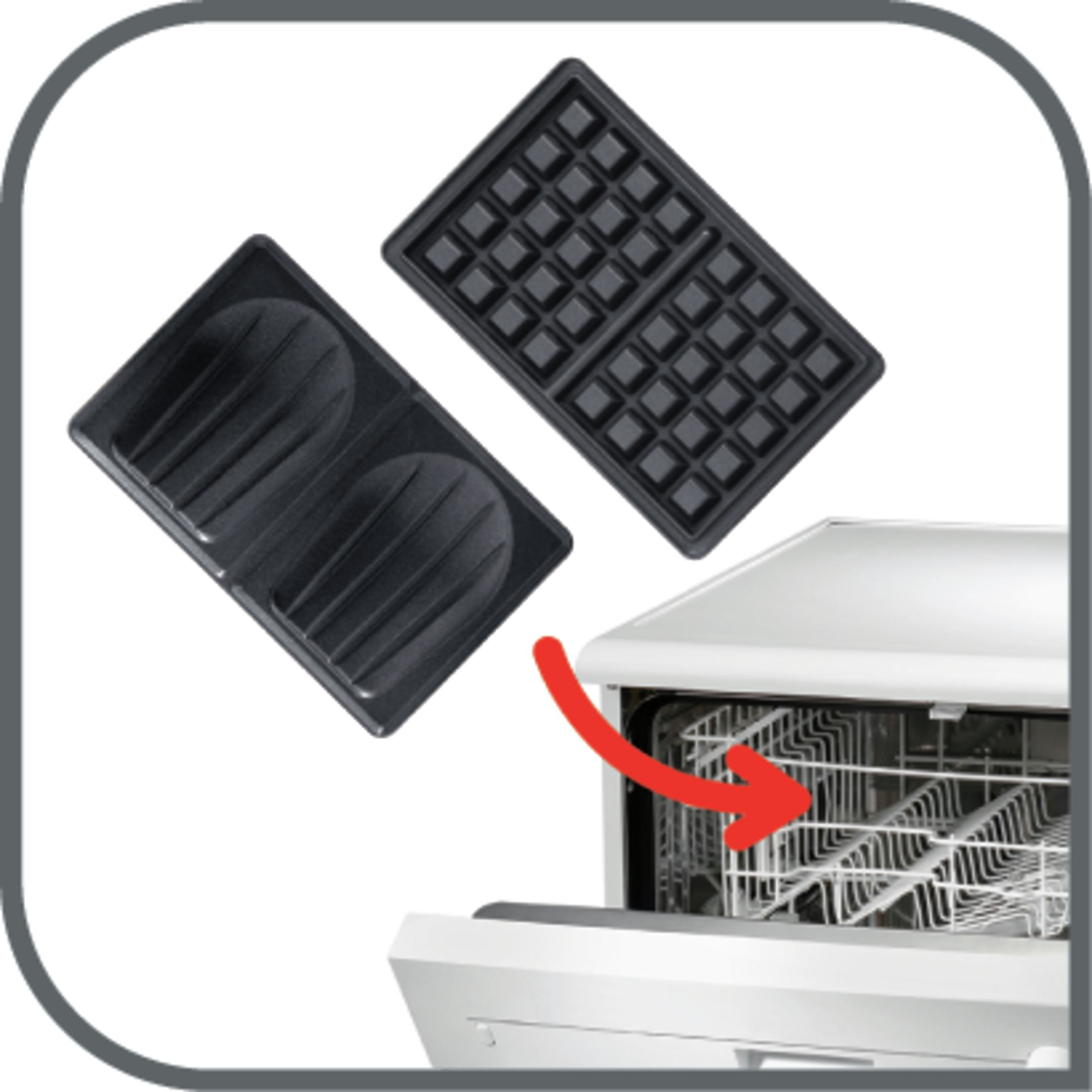 Black waffle iron plates next to a dishwasher rack, with a red arrow.