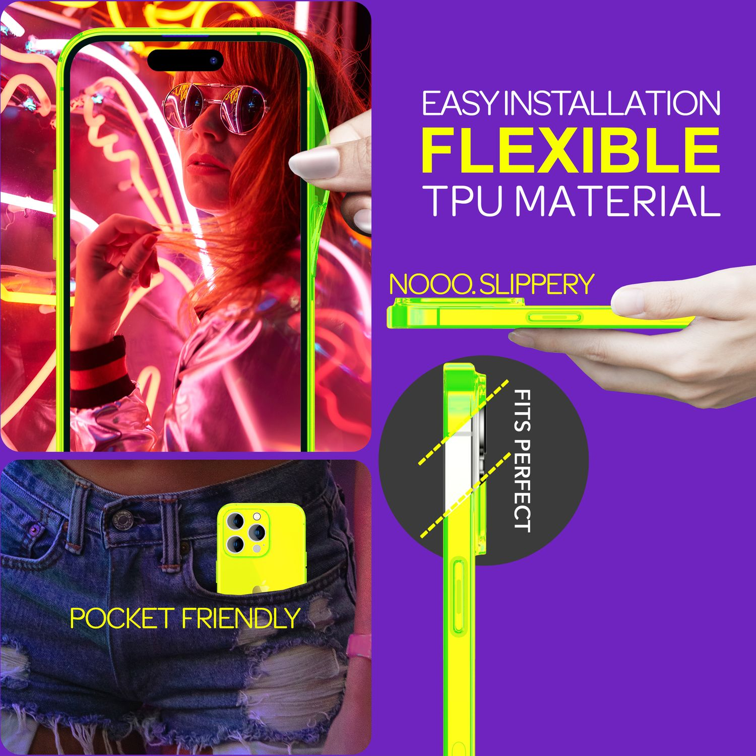 Custodia per telefono con donna sullo sfondo, varie viste. Custodia giallo neon, design tascabile.