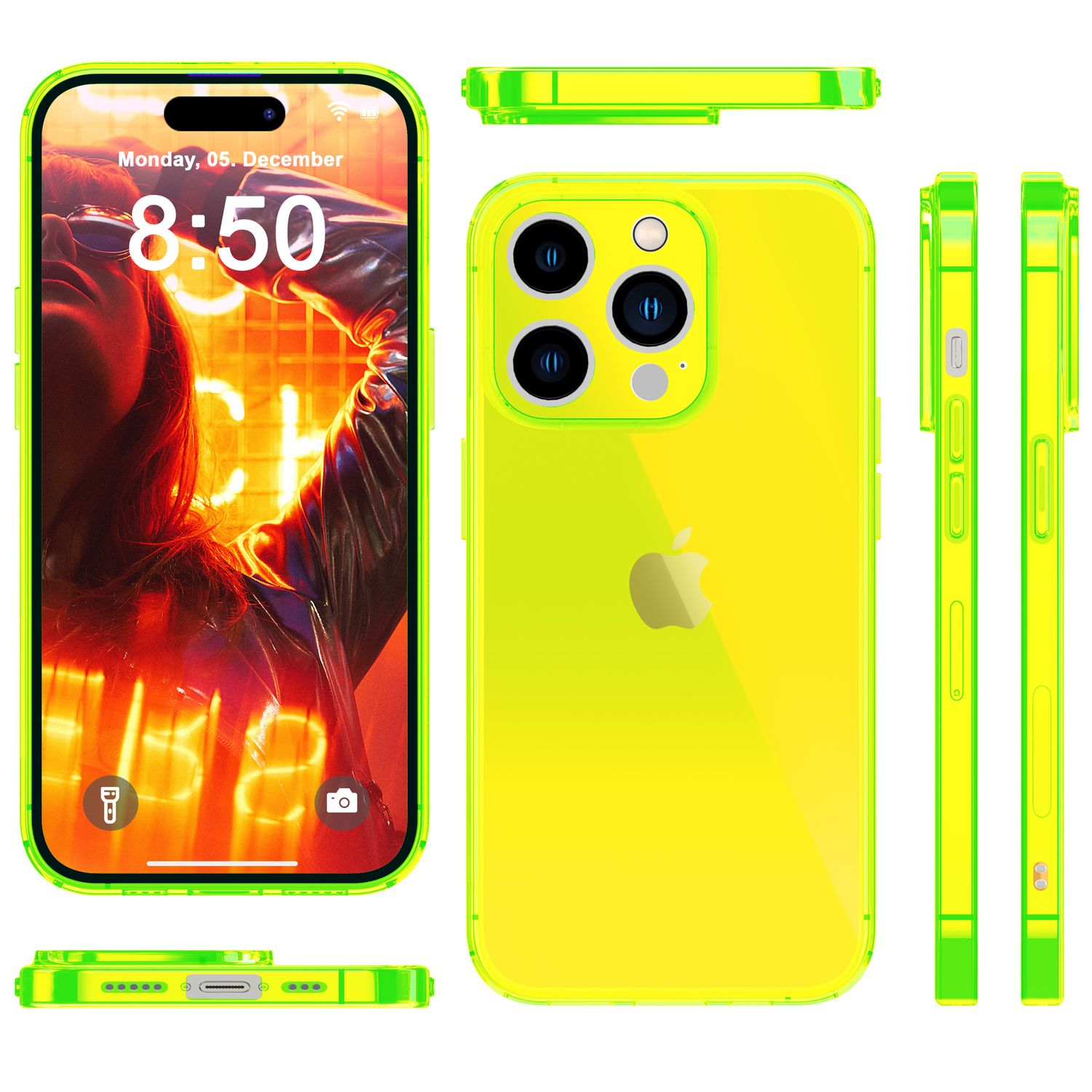 Custodia gialla per telefono, mostra lo schermo con immagine di donna. Cornice verde neon.