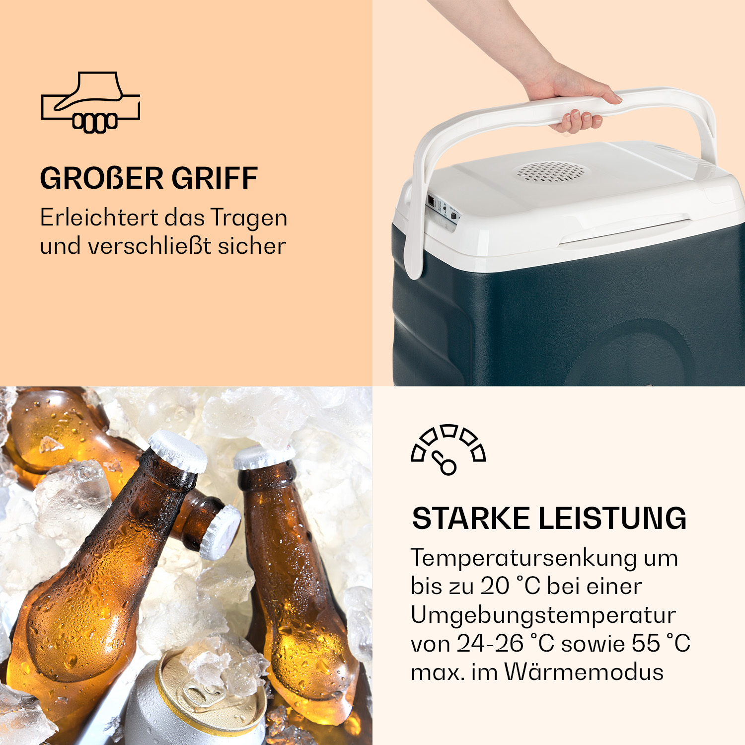 Türkisfarbener Kühler mit weißem Deckel. Nahaufnahme von Eis und Bierflaschen. Großer Griff.