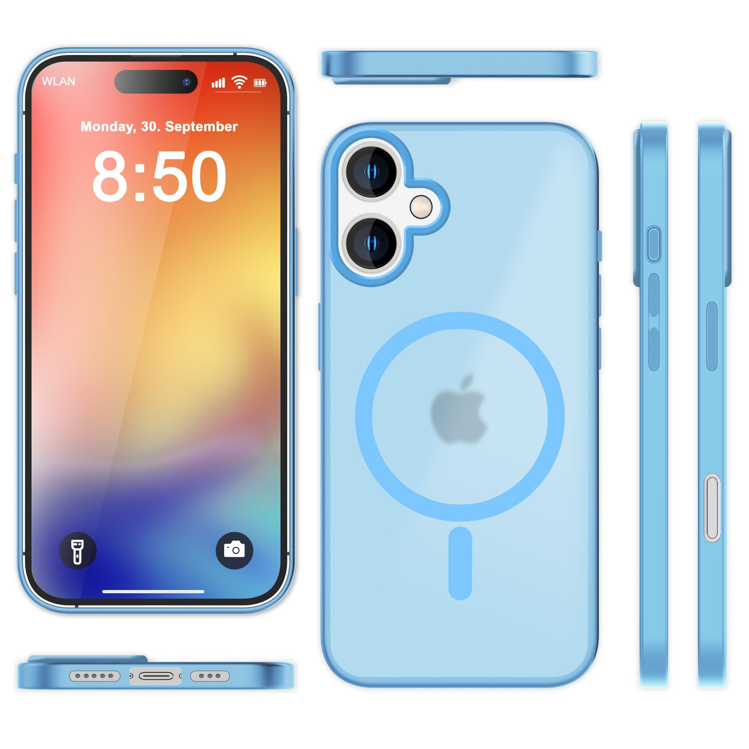 Blaue Handyhülle mit Telefon darin. Die Hülle hat einen Magnetring und bedeckt das Telefon.