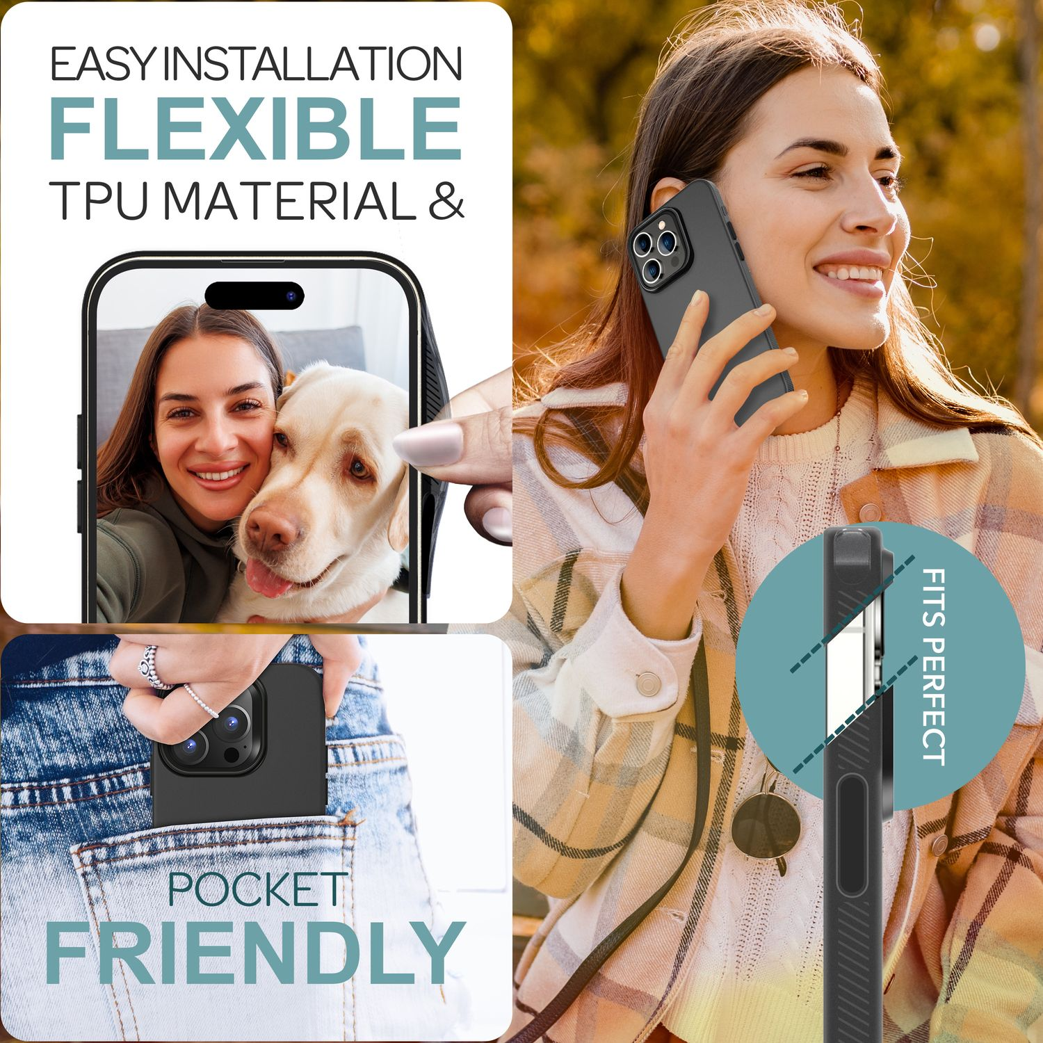 Eine Frau hält ein Telefon in einer Hülle. Die Hülle ist schwarz und hat ein strukturiertes Design. Ein Hund ist im Bild.