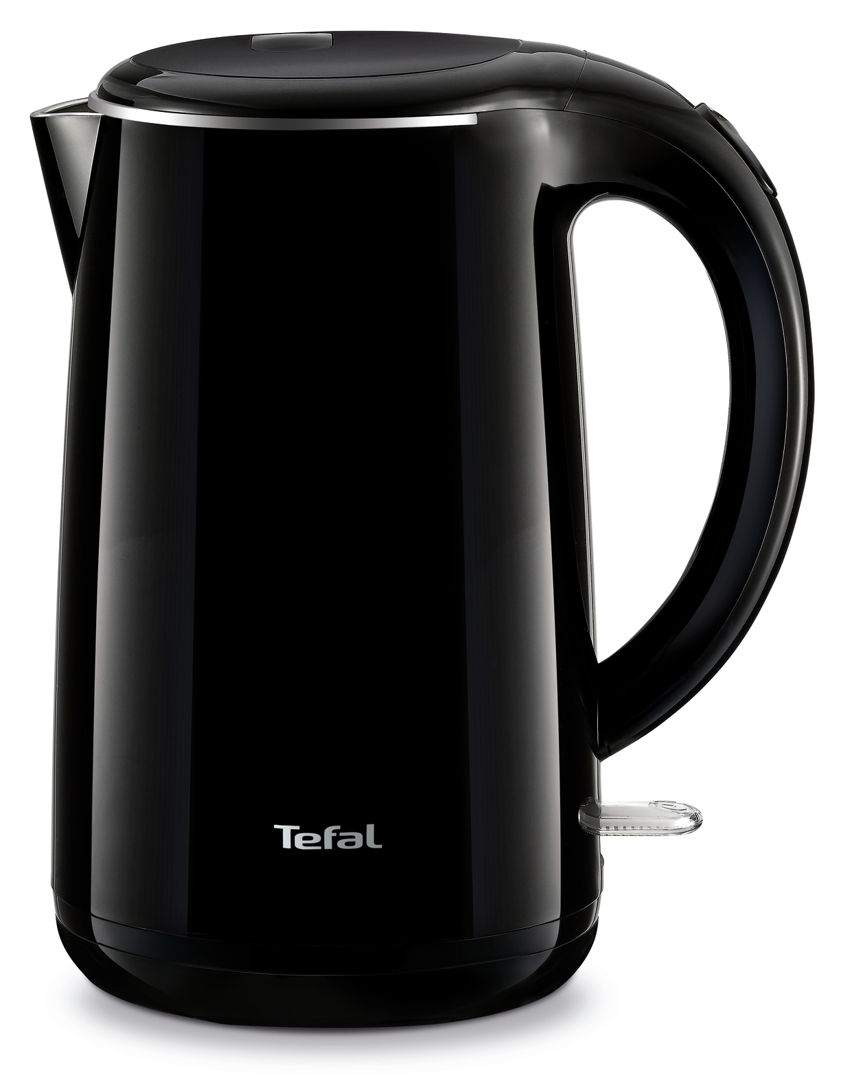 Bollitore elettrico nero con bordo e manico argentati. Il marchio è Tefal in bianco.