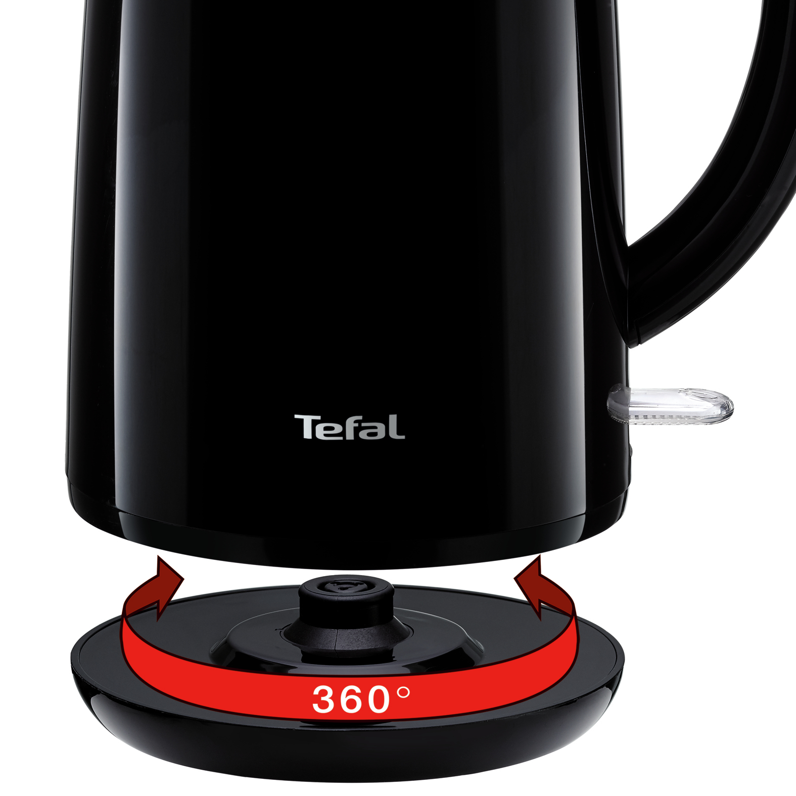 Una base per bollitore elettrico nera con un indicatore rotante a 360 gradi e il logo Tefal.