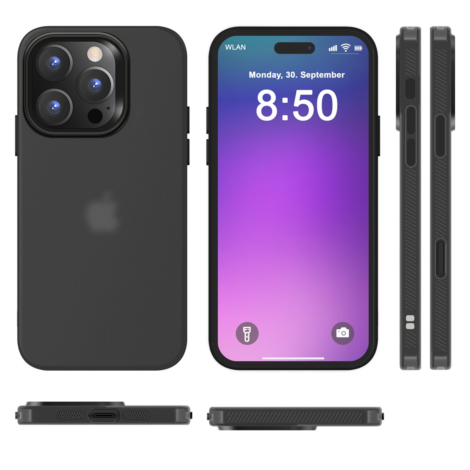 Schwarze iPhone-Hülle. Telefon rechts, zeigt Apps. Seitenansichten der Handyhülle sind ebenfalls gezeigt.