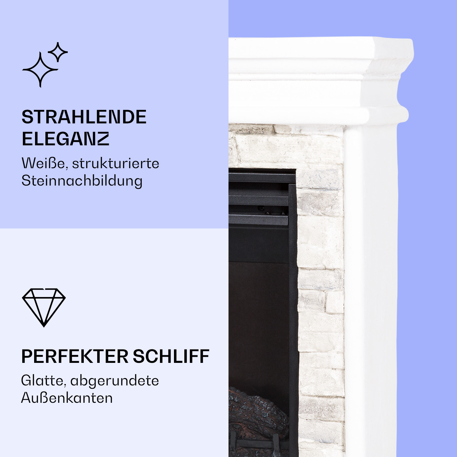 Ein weißer und steinerner Kamin mit Text. Ein Diamant und Text über eine weiße Steinnachahmung.
