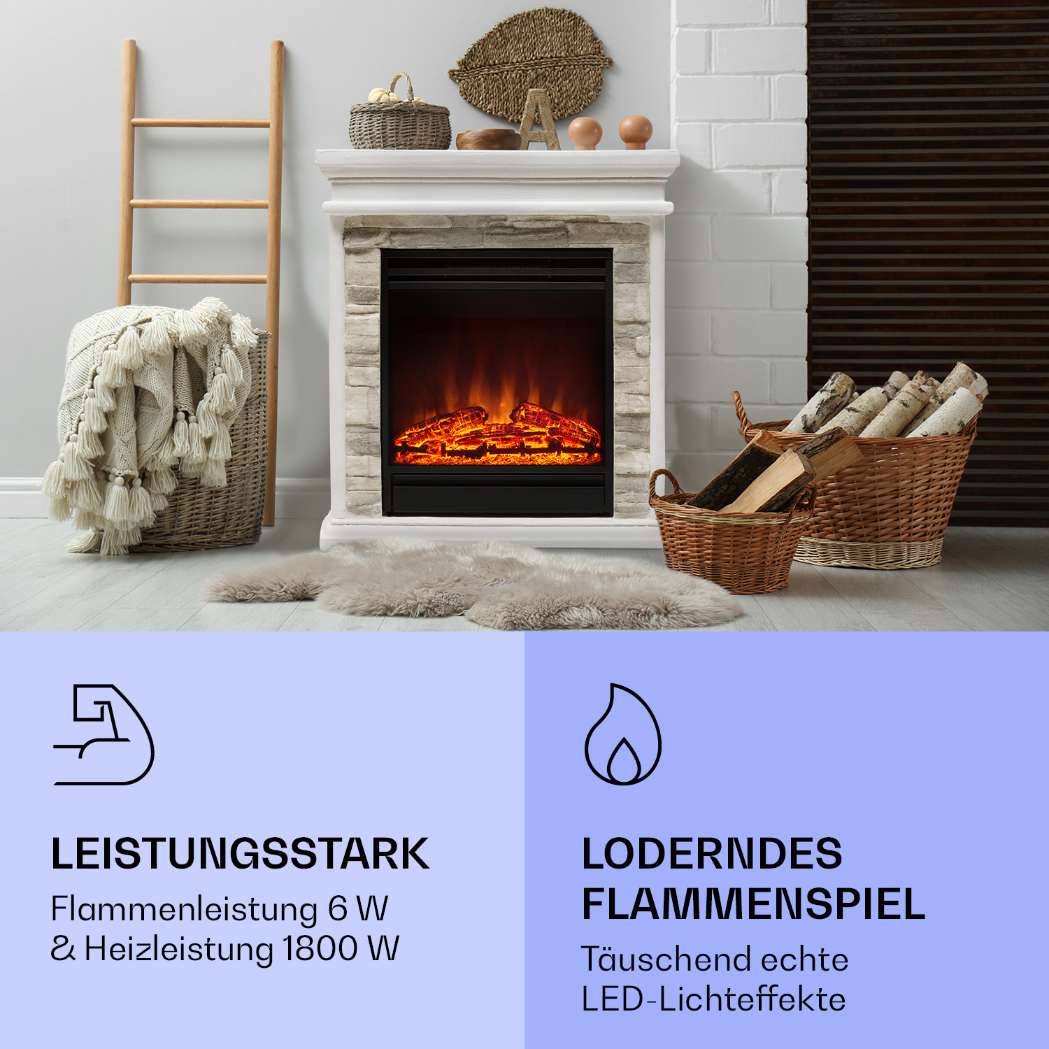 Ein Kamin mit Flammen, eine Leiter, Körbe, ein Teppich und Text über Leistung und Flammeneffekte.