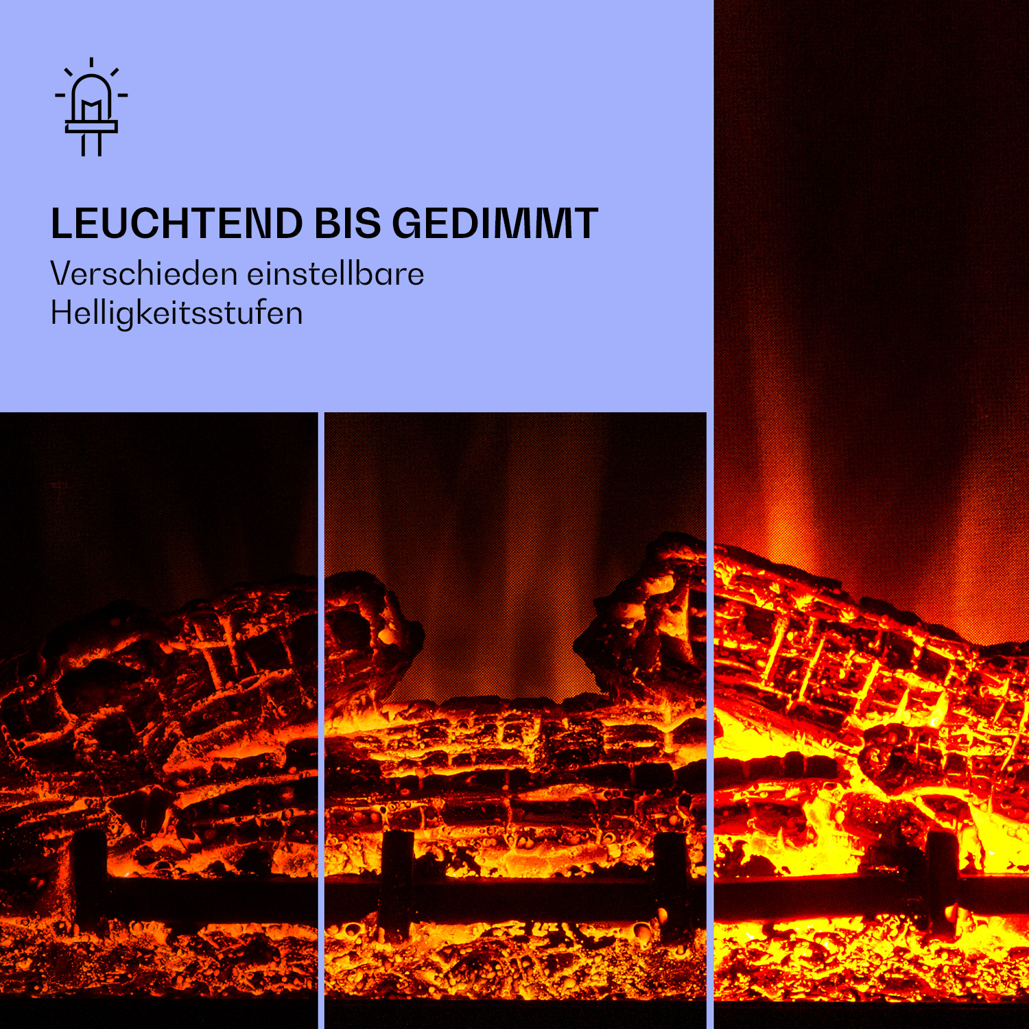 Drei Bilder eines Kamins mit leuchtenden orangefarbenen Flammen vor dunklem Hintergrund.