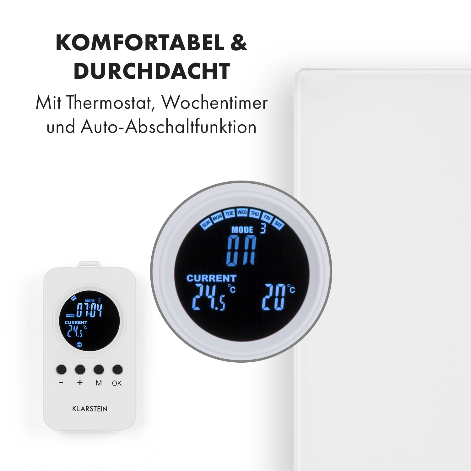 Digitalanzeige mit Temperatur- und Timereinstellungen. Weiße Fernbedienung links.