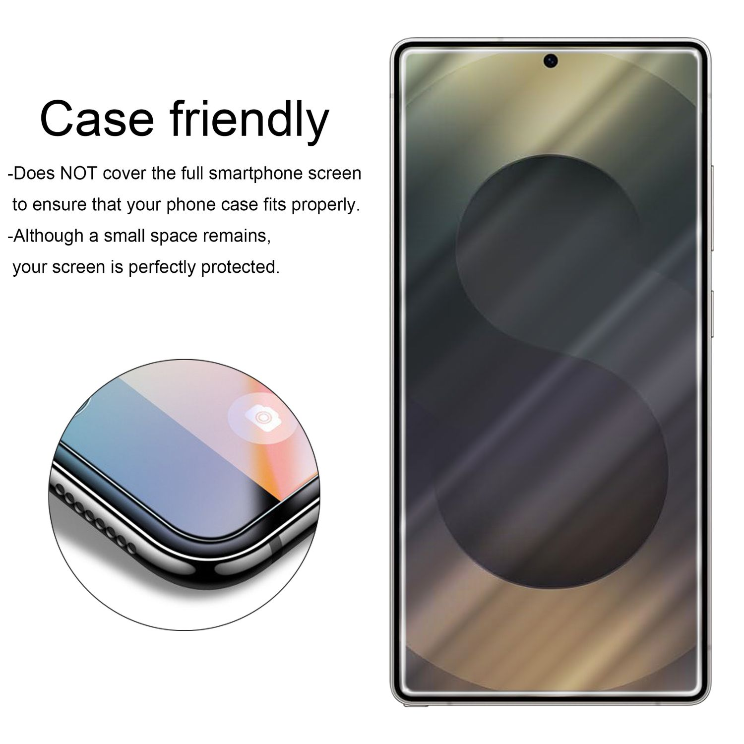 Protecteur d'écran pour smartphone avec une découpe circulaire pour la caméra.