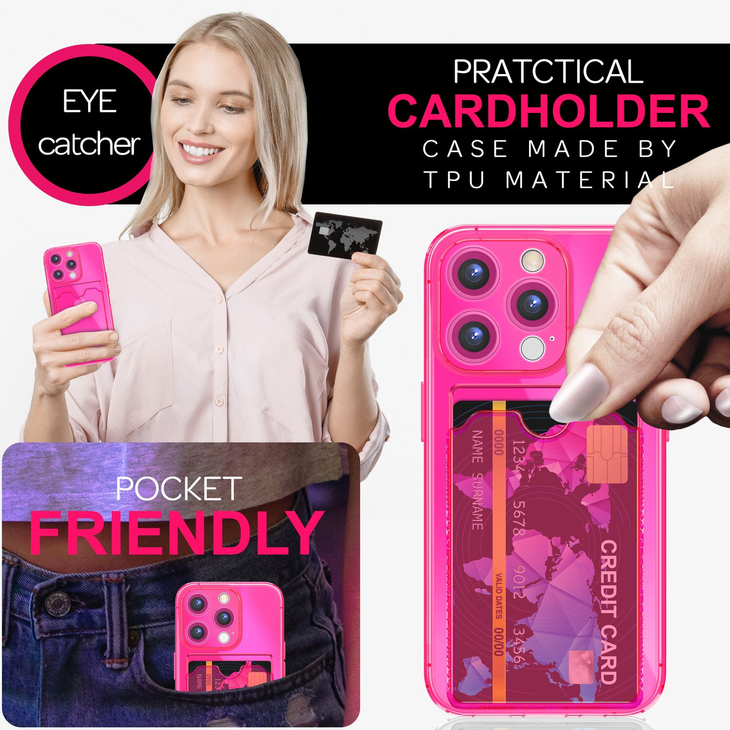 Eine pinke Handyhülle mit Kreditkarte und eine Kreditkarte in der Tasche.