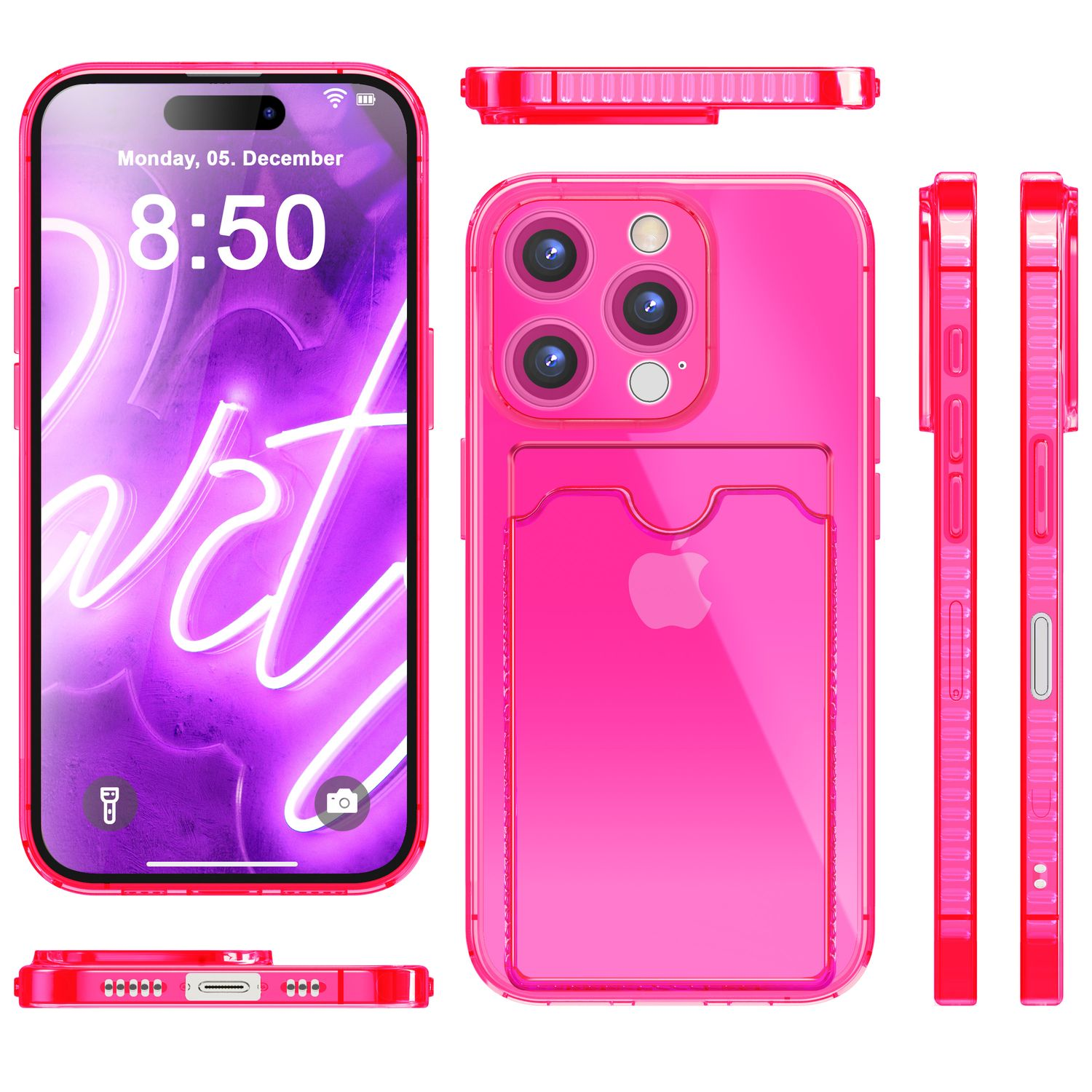 Rosa Handyhülle mit Telefon darin. Mehrere Ansichten: vorne, hinten, Seite und unten.