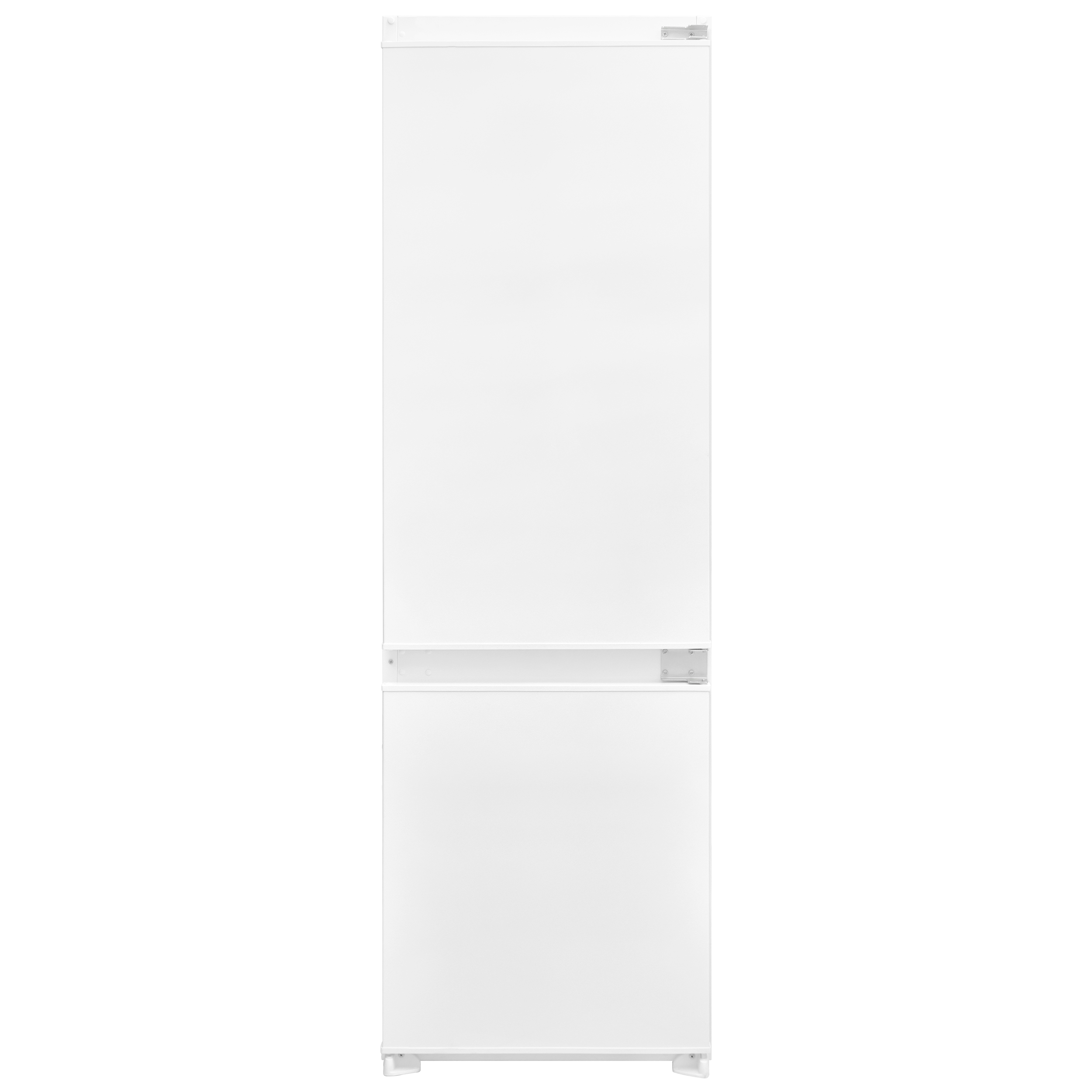 Weißer Kühlschrank. Er ist hoch und hat zwei Türen. Weißer Hintergrund.