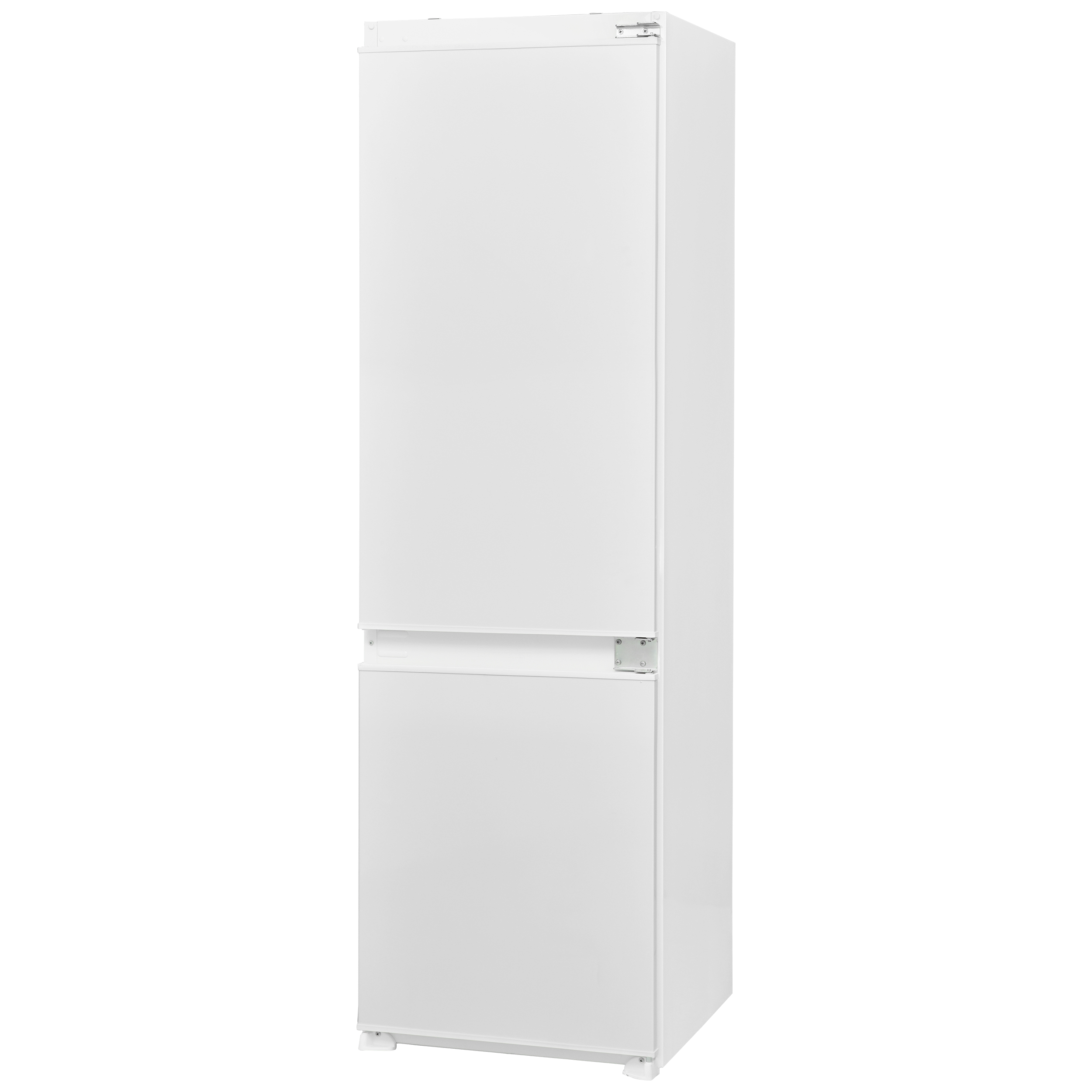 Weißer Kühlschrank mit zwei Türen auf weißem Hintergrund.