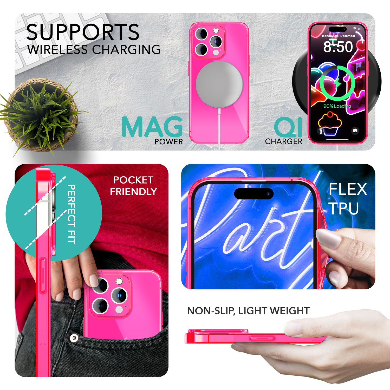 Pinkfarbene Handyhülle mit Handy, unterstützt kabelloses Laden mit Mag Power und Qi-Ladegerät.
