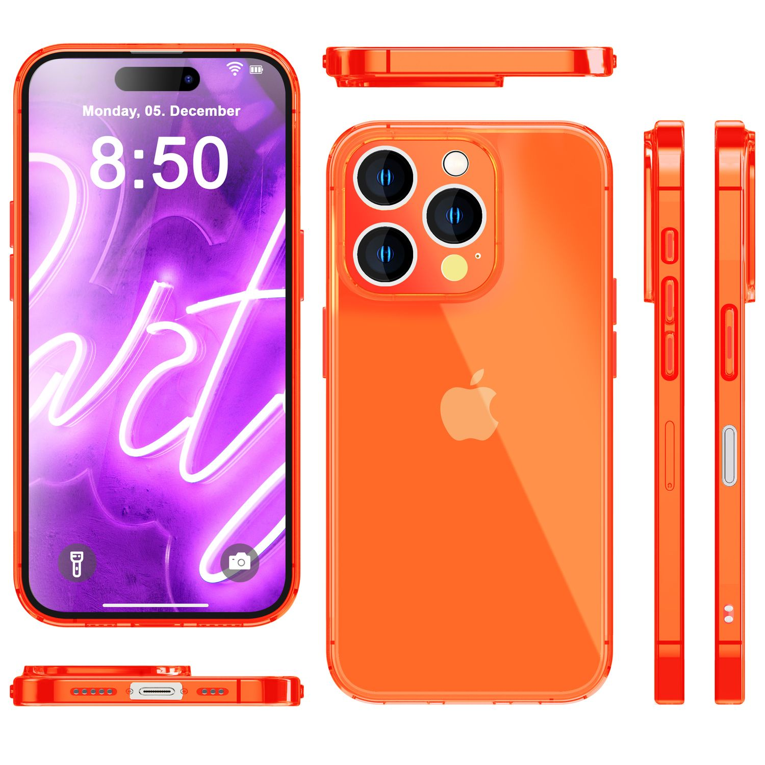 Eine orangefarbene Handyhülle mit einem Telefon. Der Bildschirm zeigt Uhrzeit und Datum.
