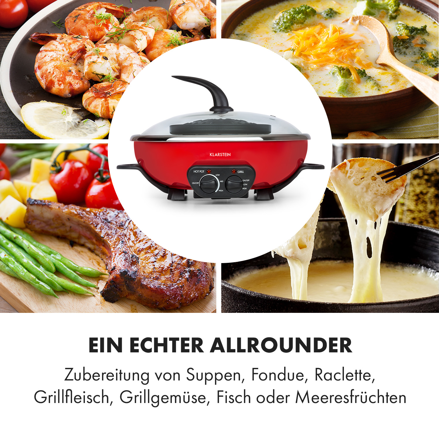 Rotes Klarstein Kochgerät mit Essensbeispielen: Garnelen, Suppe, Steak und Käse.