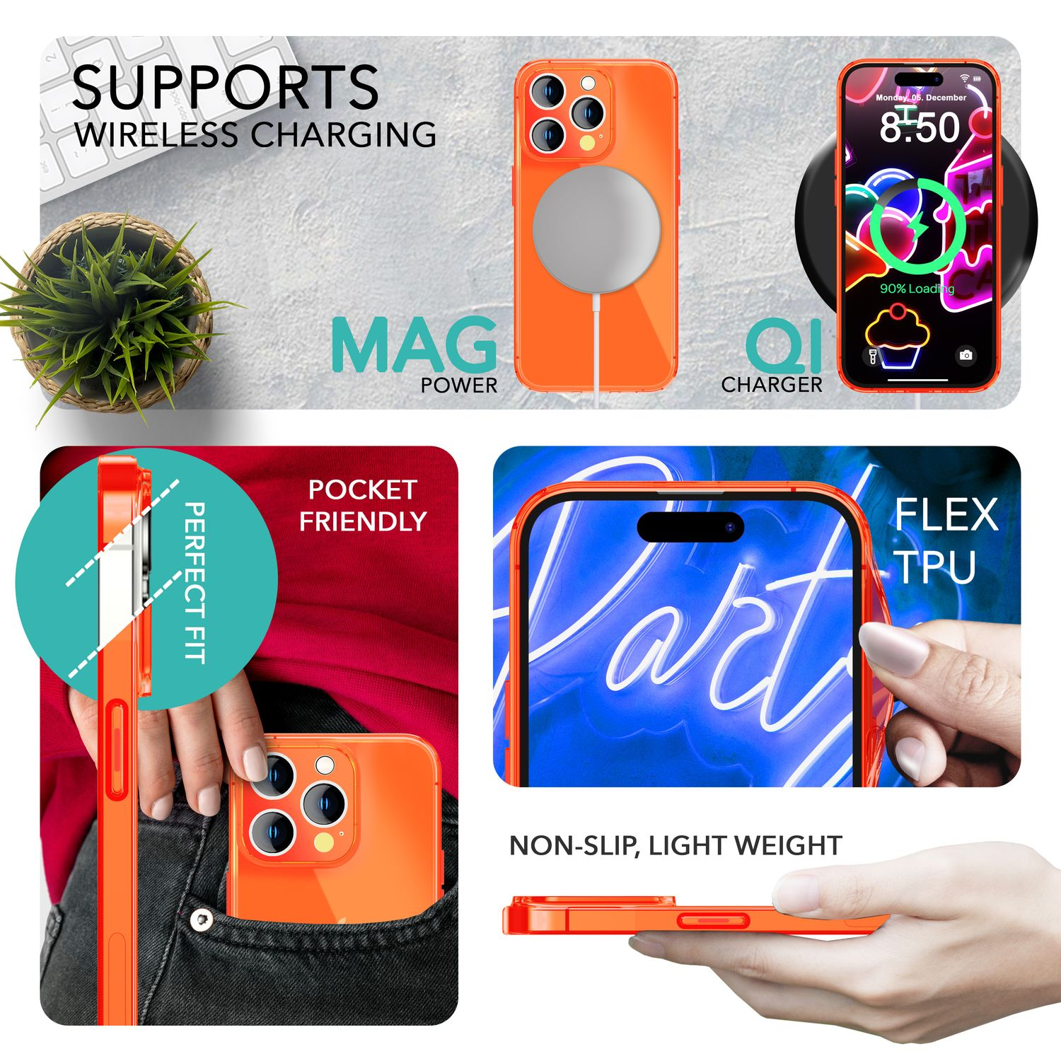 Orangene Handyhülle mit Telefon und kabellosem Ladegerät. Zeigt Taschenpassform und geringes Gewicht.