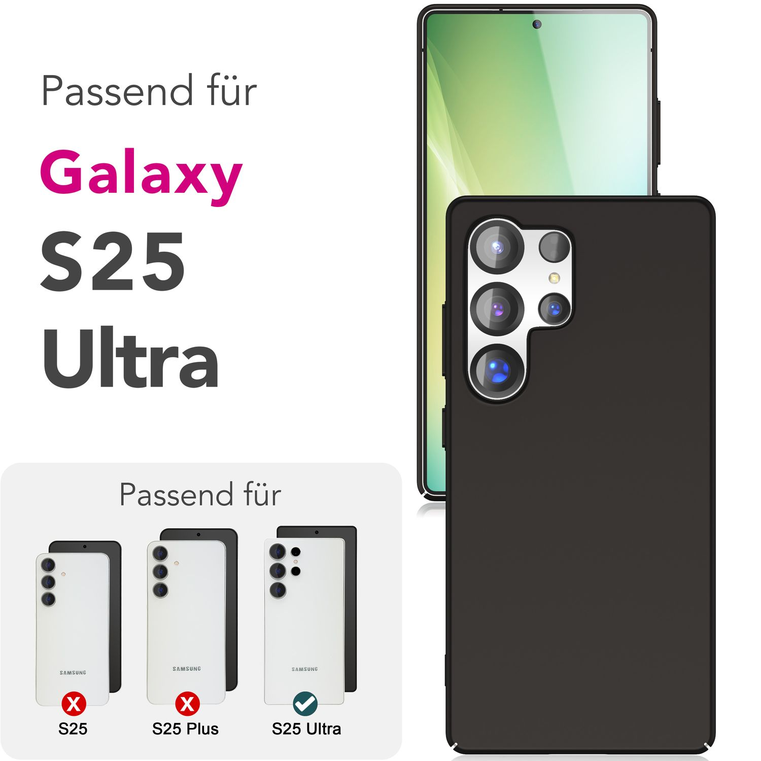 Handyhülle mit Telefon und Bildern von S25, S25 Plus und S25 Ultra Telefonen.