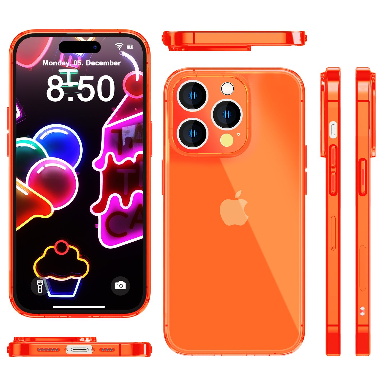 Eine orangefarbene Handyhülle mit einem Telefon darin. Sie zeigt den Bildschirm des Telefons und die Details der Hülle.