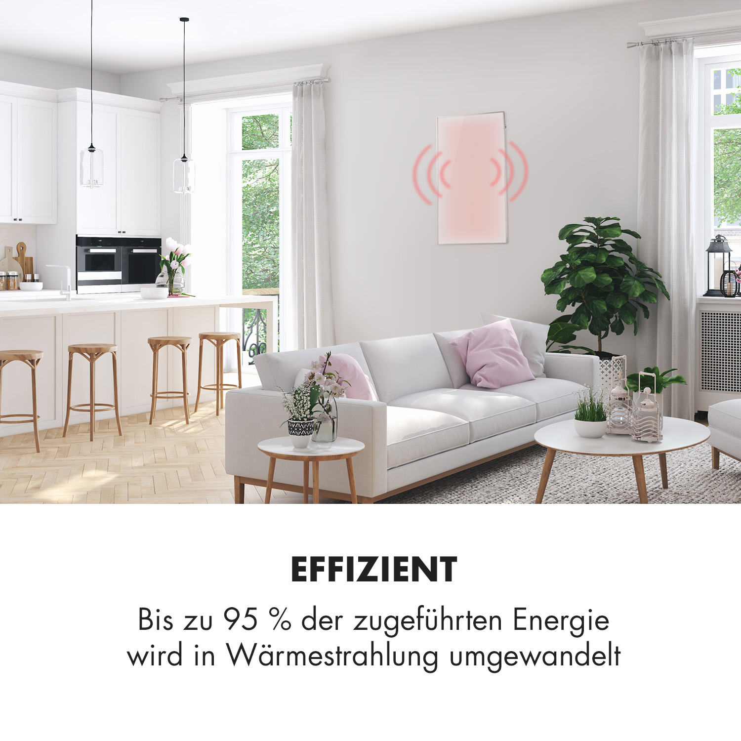 Ein Wohnzimmer mit einem Heizkörper an der Wand. Text über Effizienz ist sichtbar.