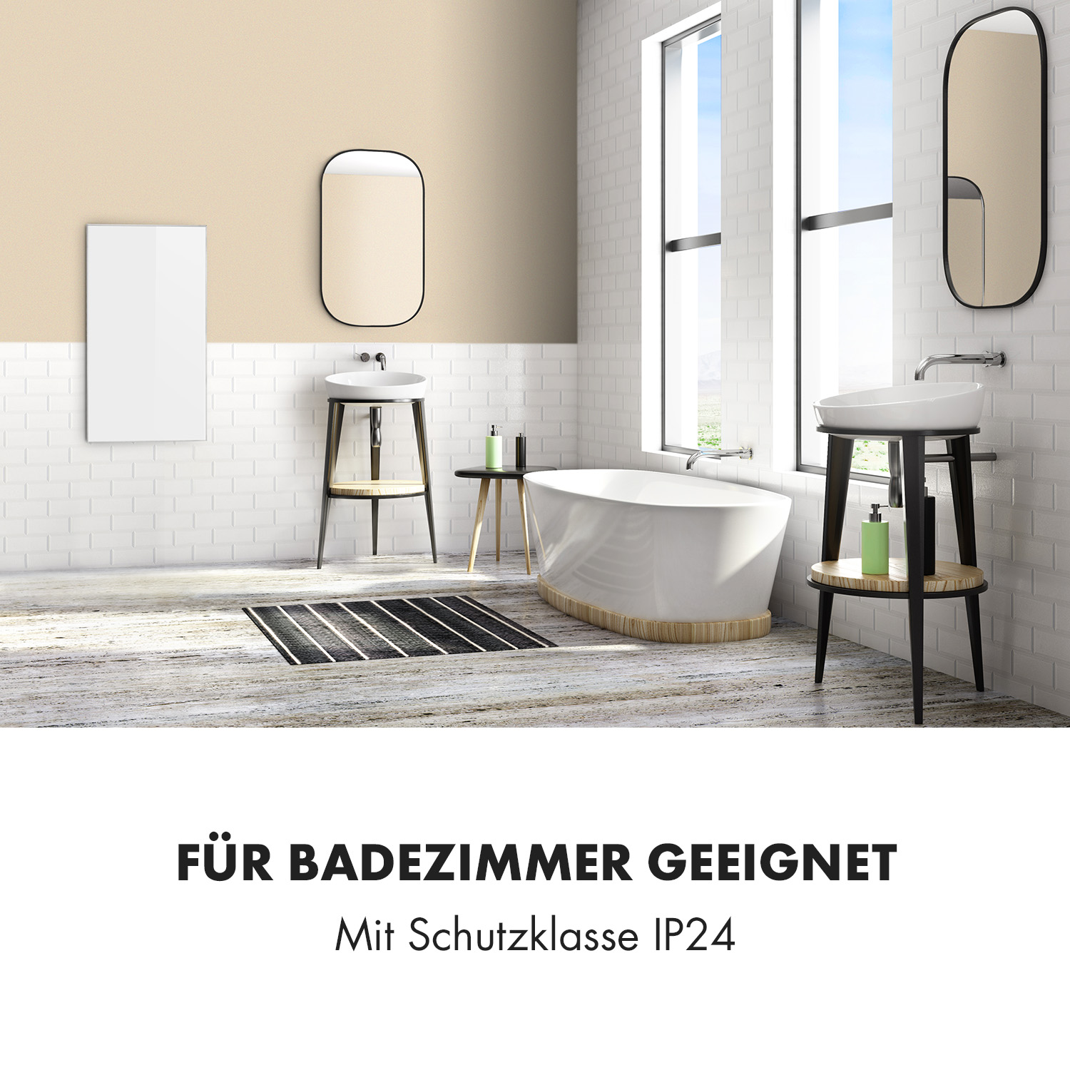 Badezimmer mit Wanne, Waschbecken, Spiegeln. Weiß- und Beigetöne. Text: Für Badezimmer geeignet.