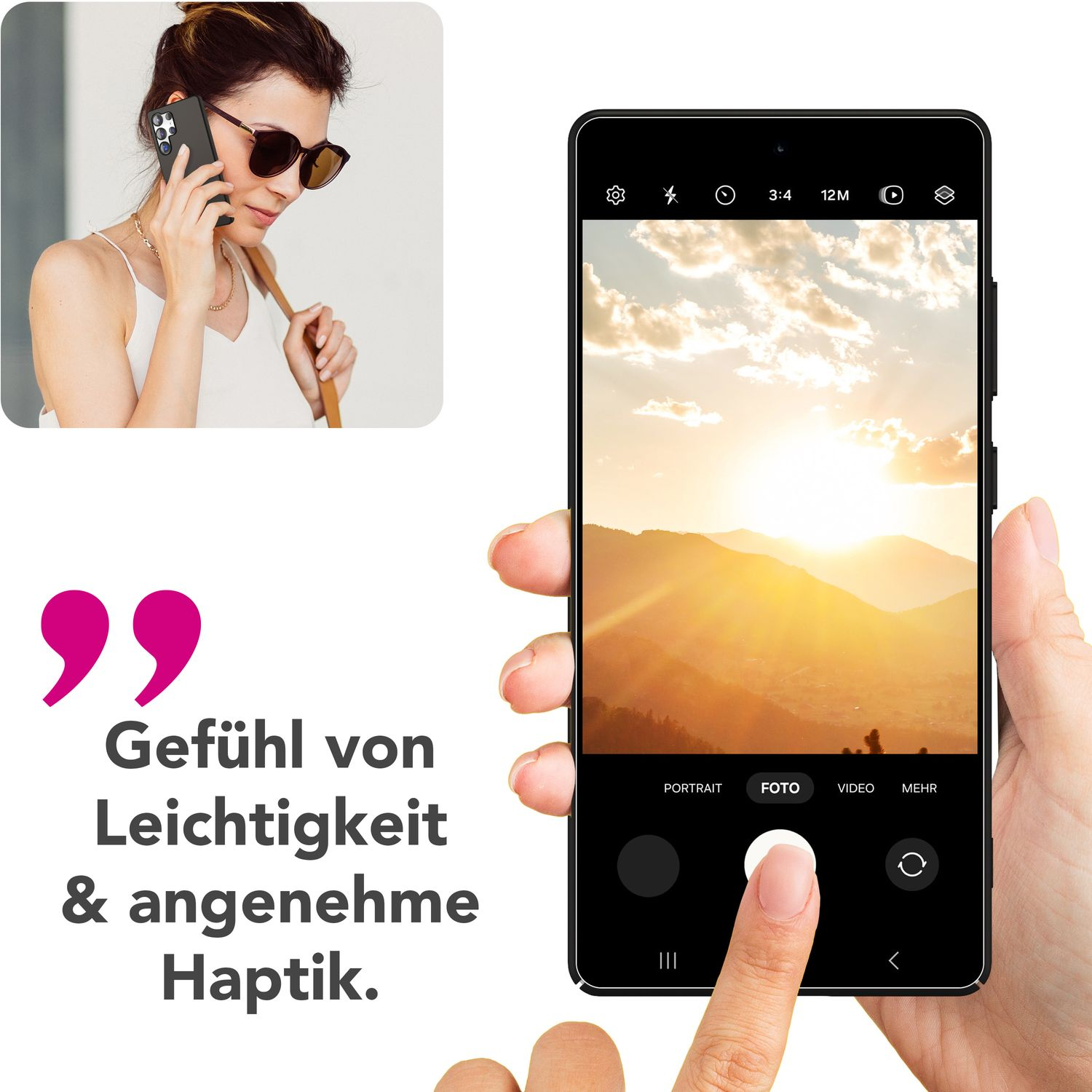Eine Frau hält ein Telefon mit einem Sonnenuntergangsbild auf dem Bildschirm und einem Zitat.